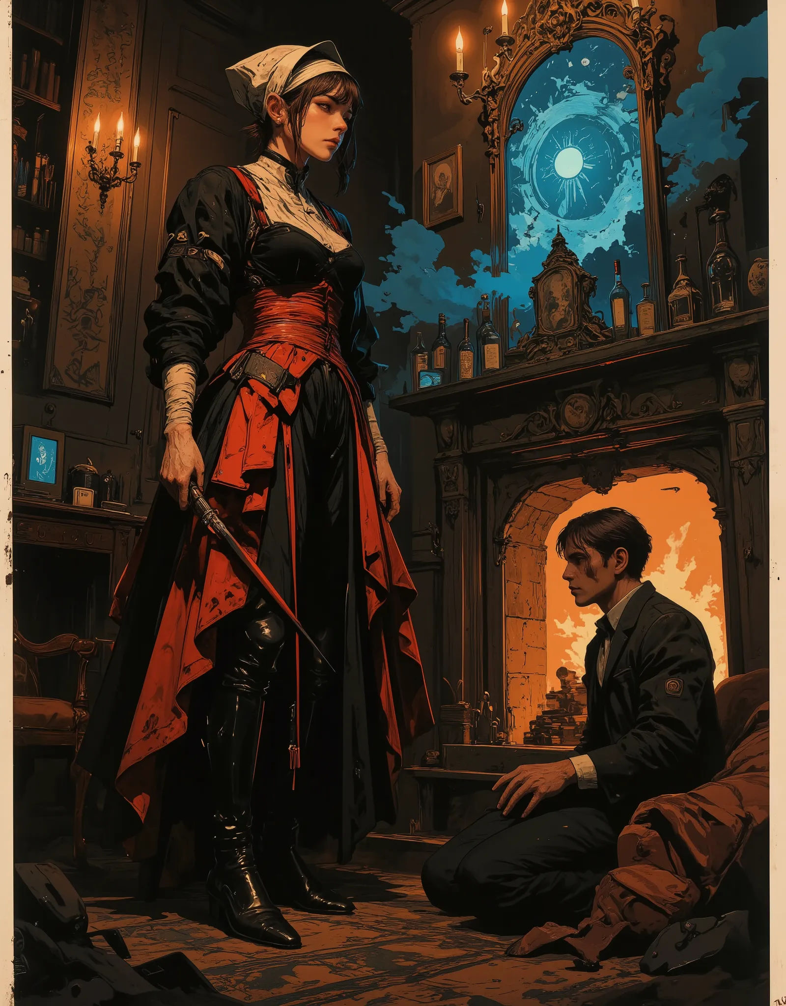 A tall maid in black and crimson velvet stands arrogantly beside the fireplace, a riding crop in hand. her foot is placed on the man's face, Her hair is wrapped in a silk bonnet, her boots polished like mirrors. A heartbroken man kneels before her, begging...