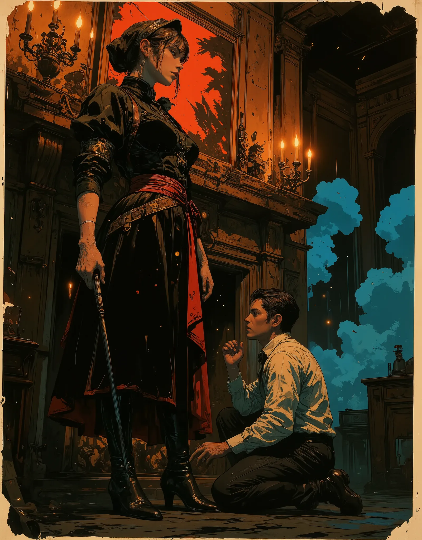 A tall maid in black and crimson velvet stands arrogantly beside the fireplace, a riding crop in hand. her foot is placed on the man's face, Her hair is wrapped in a silk bonnet, her boots polished like mirrors. A heartbroken man kneels before her, begging...