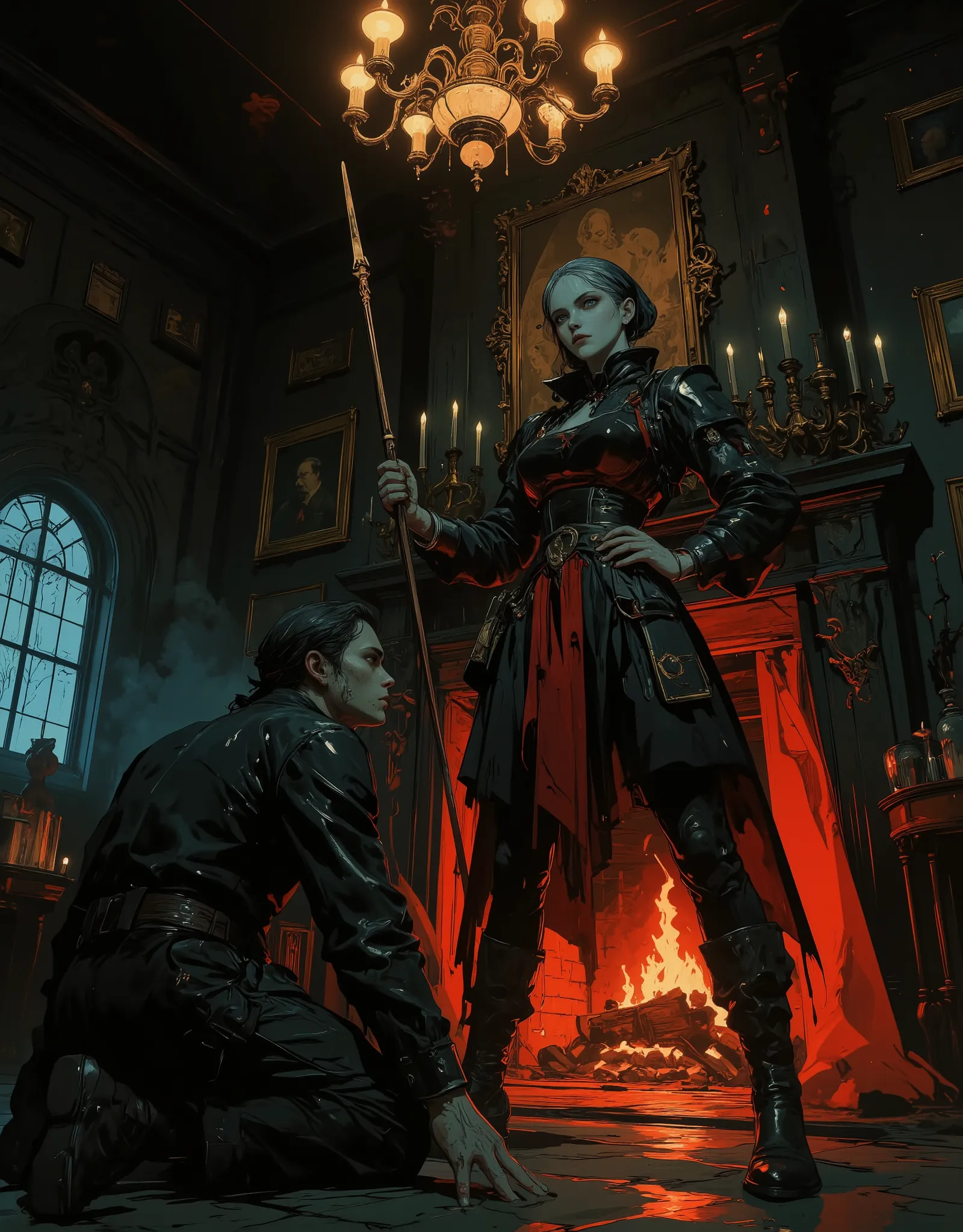 A tall maid in black and crimson velvet stands arrogantly beside the fireplace, a riding crop in hand. her foot is placed on the man's face,  Her hair is wrapped in a silk bonnet, her boots polished like mirrors. A heartbroken man kneels before her, beggin...