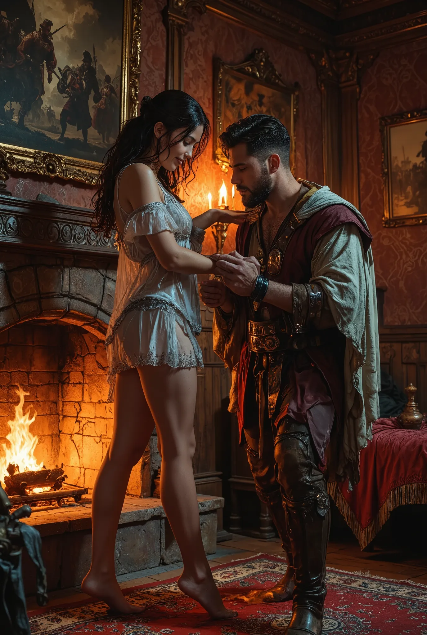nsfv, for adults, Dorothy and Iron Man lovers in the king bedroom.
photorealism,
((Live Actor Movie Scene)),
very detailed,
Dorothy, in a short transparent nightgown, is kneeling and lighting a fire in the fireplace of the royal bedroom, she is standing ba...