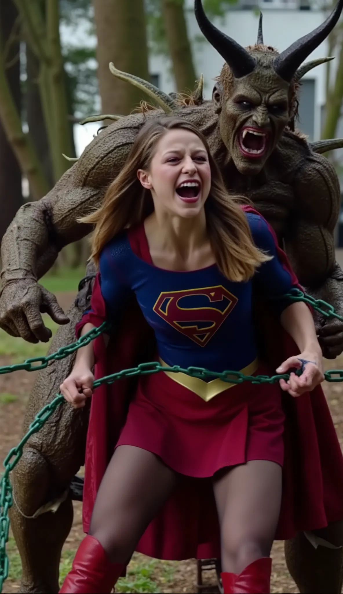 Melissa Benoist as Supergirl, fighting with a strong fierce devils, she is screaming in pain, painful face, screaming and shouting in pain, her arms tied behind her back with green lighting chain, she is wearing a Supergirl costume, blue shirt and very sho...