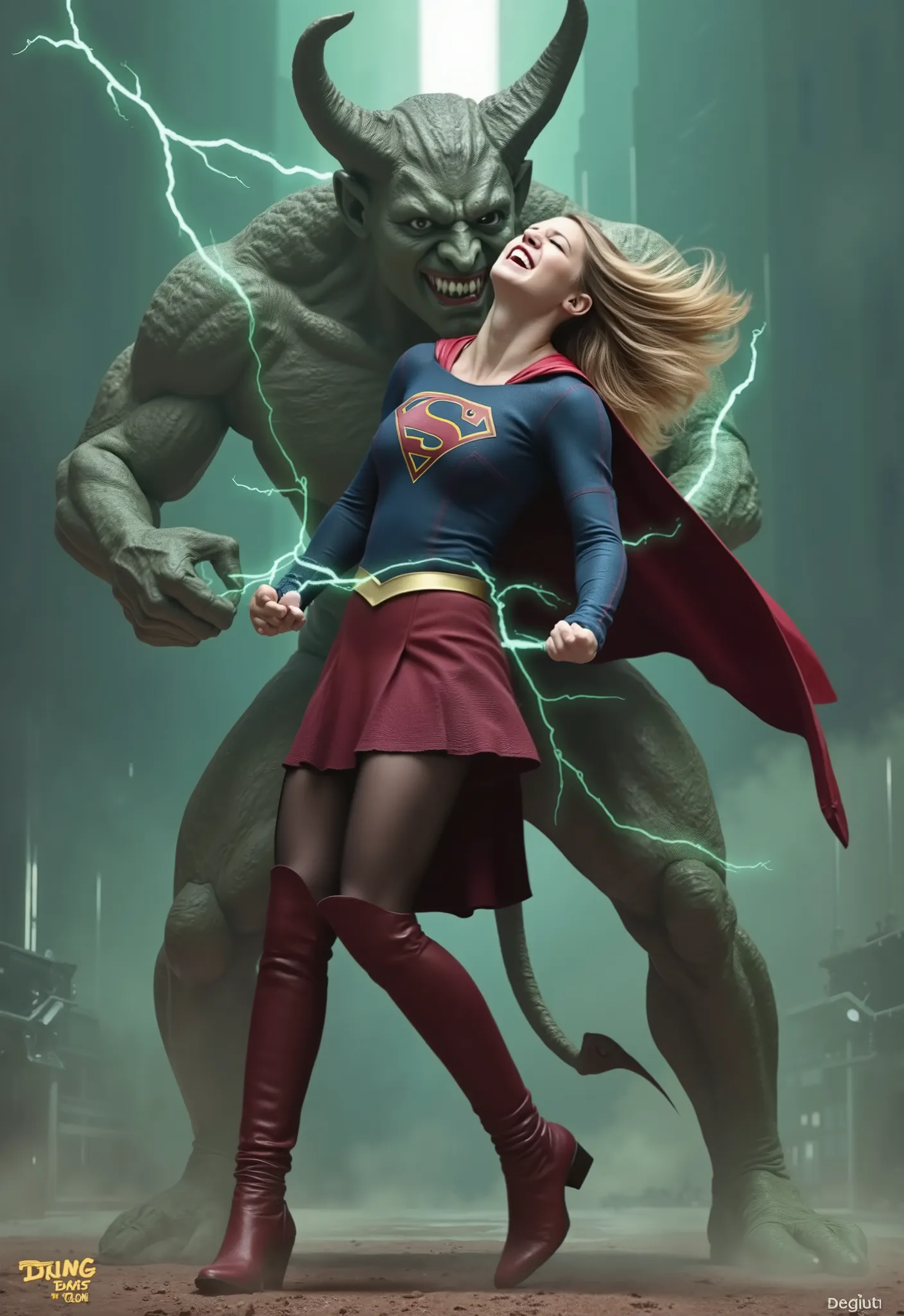 Melissa Benoist as Supergirl, fighting with a strong fierce devils, she push the devil's chest out, she is screaming in pain, painful face, screaming and shouting in pain, her arms are tied with green lighting chain, she is wearing a Supergirl costume, blu...