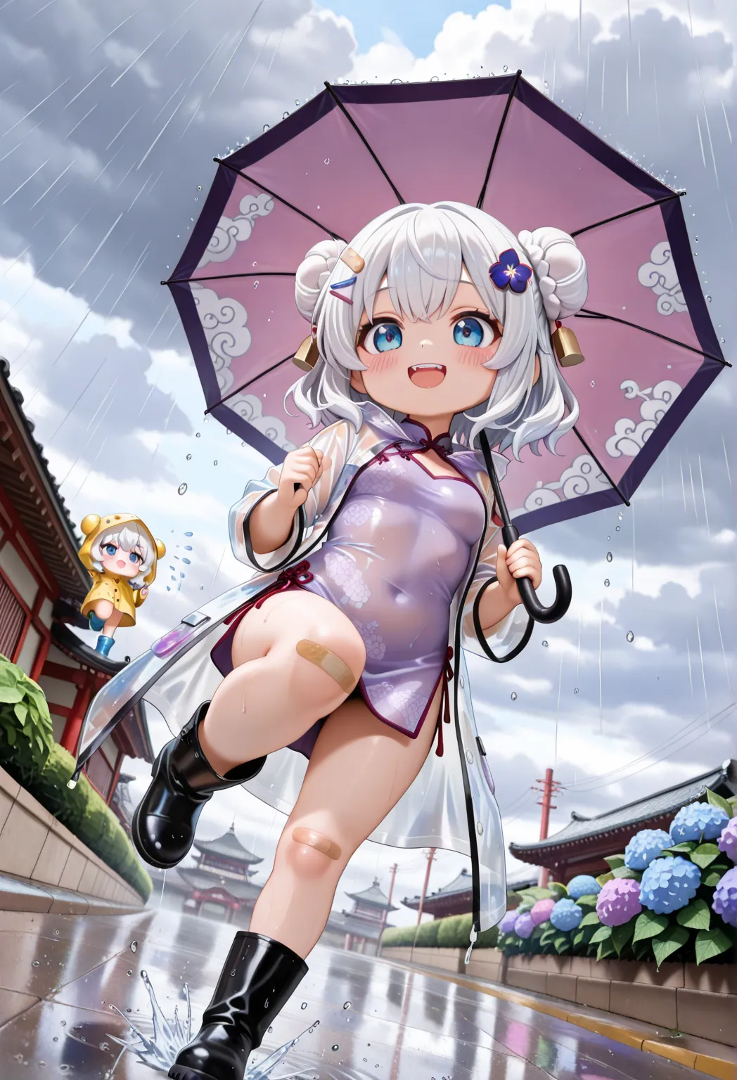 score_9, score_8_up, score_7_up, masterpiece, highest quality, perfect features, highest resolution, 8K, amazing quality, narrow eyes, clear eyes, only girl, solo, ((chibi)), short, (bun hair), ((bun hair with cloud pattern, big cloud hair ornaments on both sides, rain-like drops flowing from the cloud hair ornaments, 💧 hairpin)), white hair with purple stripes, medium hair, double teeth, narrow eyes, blue eyes, short hair, purple cheongsam, hydrangea cheongsam, girl in cheongsam, slit, raincoat, translucent raincoat, umbrella, loose rain boots, (large colorful band aid on one knee), smile, innocent face, blushing cheeks, holding an umbrella, dynamic skipping pose, angle from below, low angle, dynamic composition, full body, daytime, rain, Japan, Japanese roads, asphalt, puddles, Japanese sidewalks, rainy season, real world, big city, cold sky,