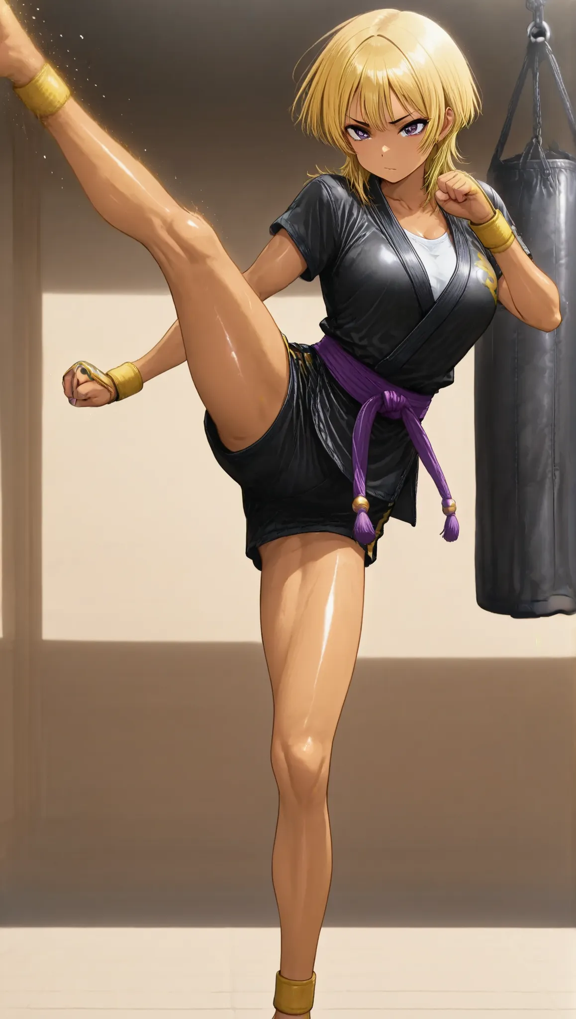 Ouka-chan,solo,wolf cut,Yellow Hair、shiny skin、martial artist with vantage、Perfect fighter、Ankle taping、Kicking the punching bag