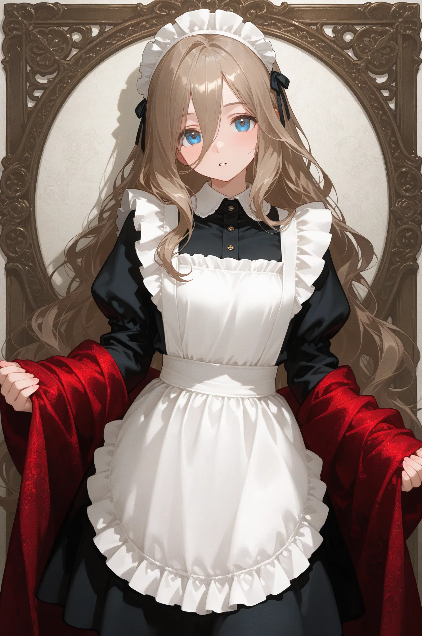 masterpiece, best quality, Velvet Fabric, luster, Sense of luxury, Texture,  and features , glossy, Details, 8k, high resolution, anime style, リアルなTexture, Maid Outfit