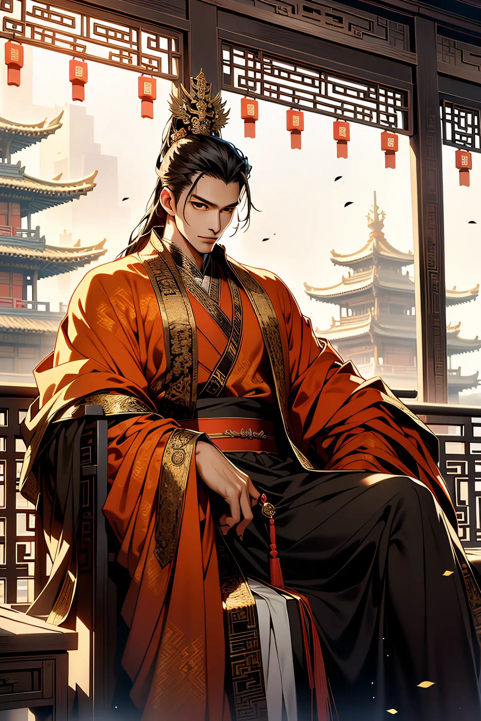 , the old Chinese king, sitting on a chair in the palace,In the back are a lot of people.,remote image