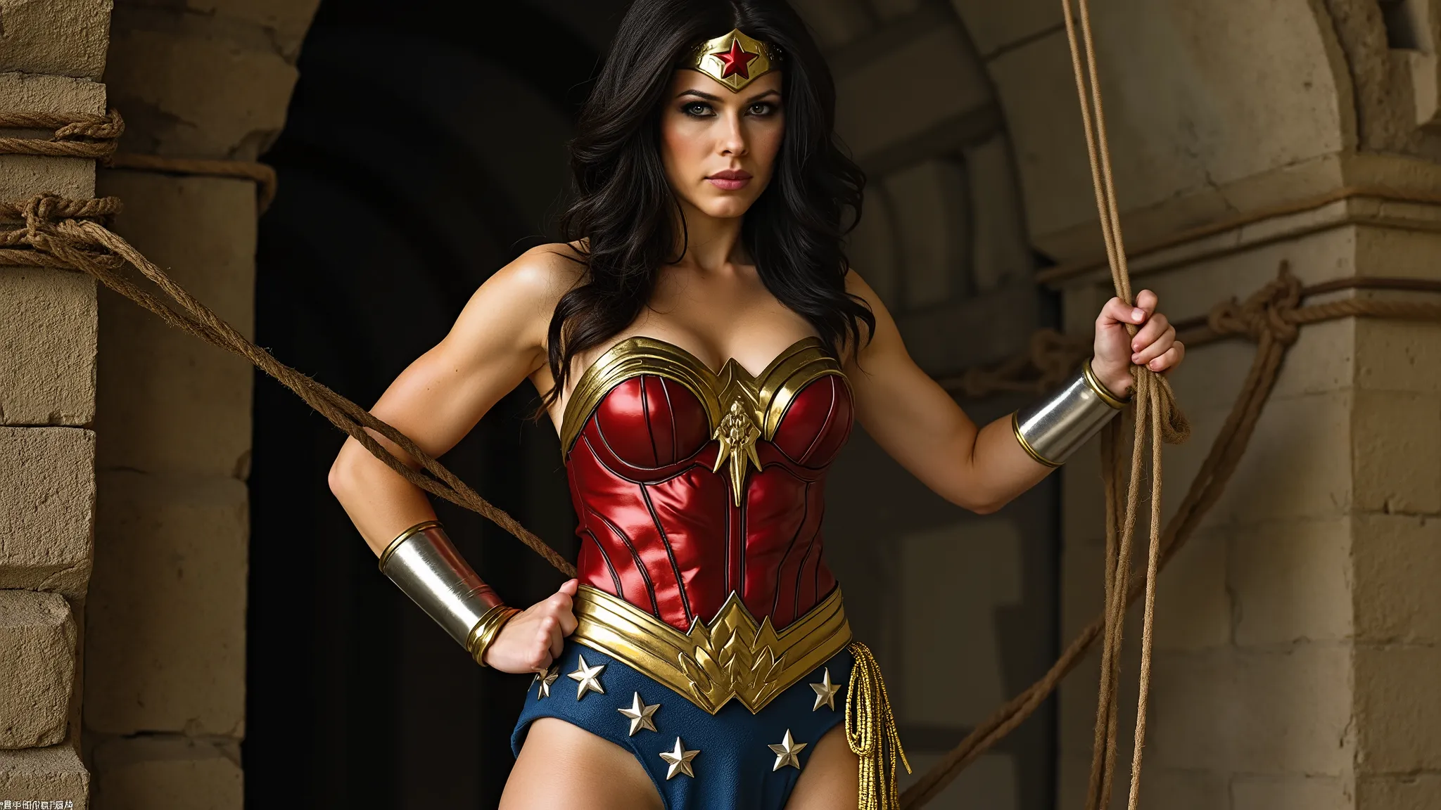 Wonder Woman, with dark hair a fitness model physique, a red top with a golden eagle breastplate, a golden tiara with a red star, a golden belt and lasso and a blue bottom adorned with white stars, in distress, tied up by ropes