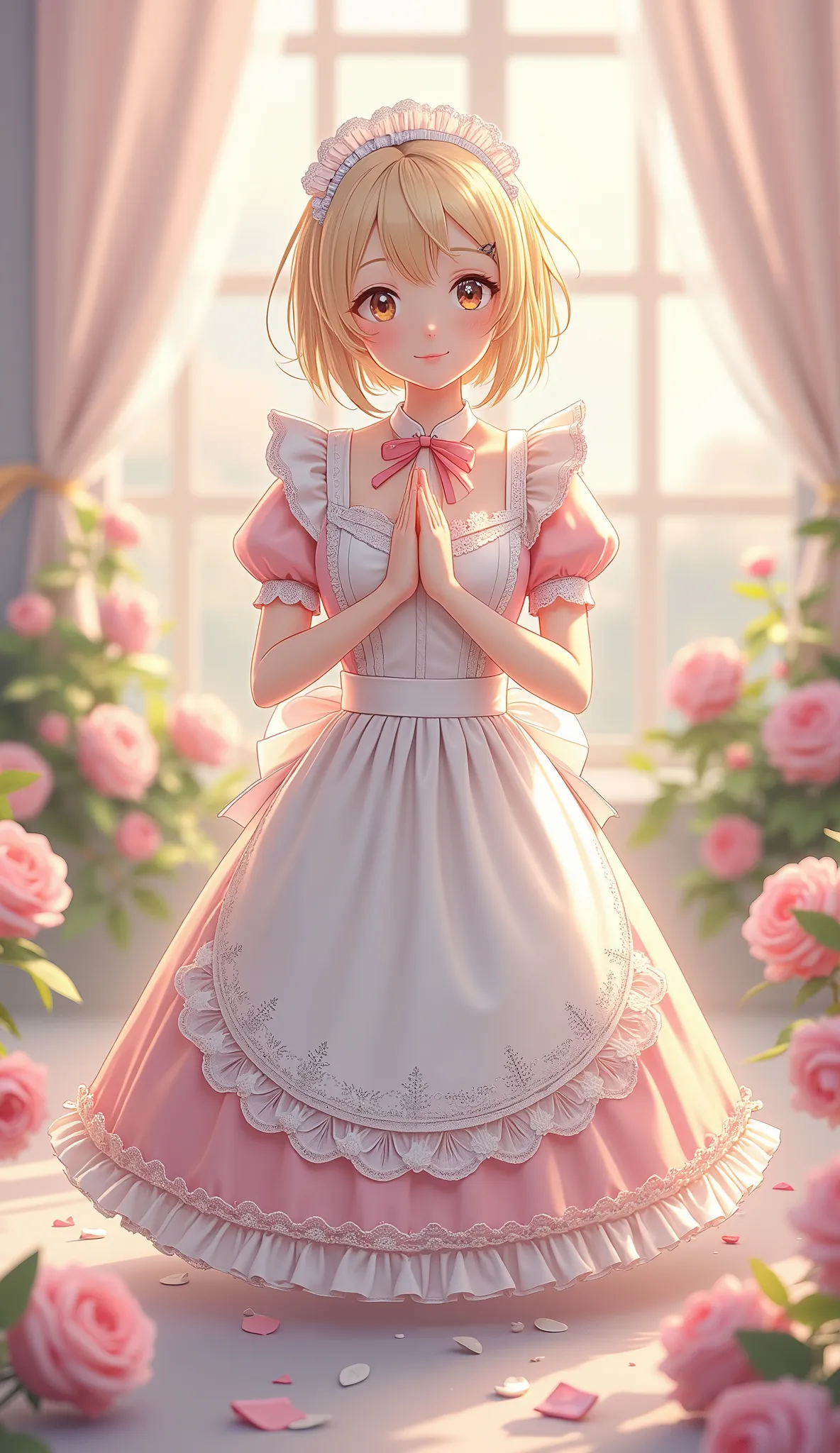 Full Body,Toe-Toe-Toe Composition Maid,Head Maid,girls,Graceful Standing Position,smiling expression,Polite Gesture,Delicate Lace Decoration,High Quality,high quality,4K,illustration style,Professional,pastel color,bokeh, Gentle Light ,Warm Atmosphere,Fine...