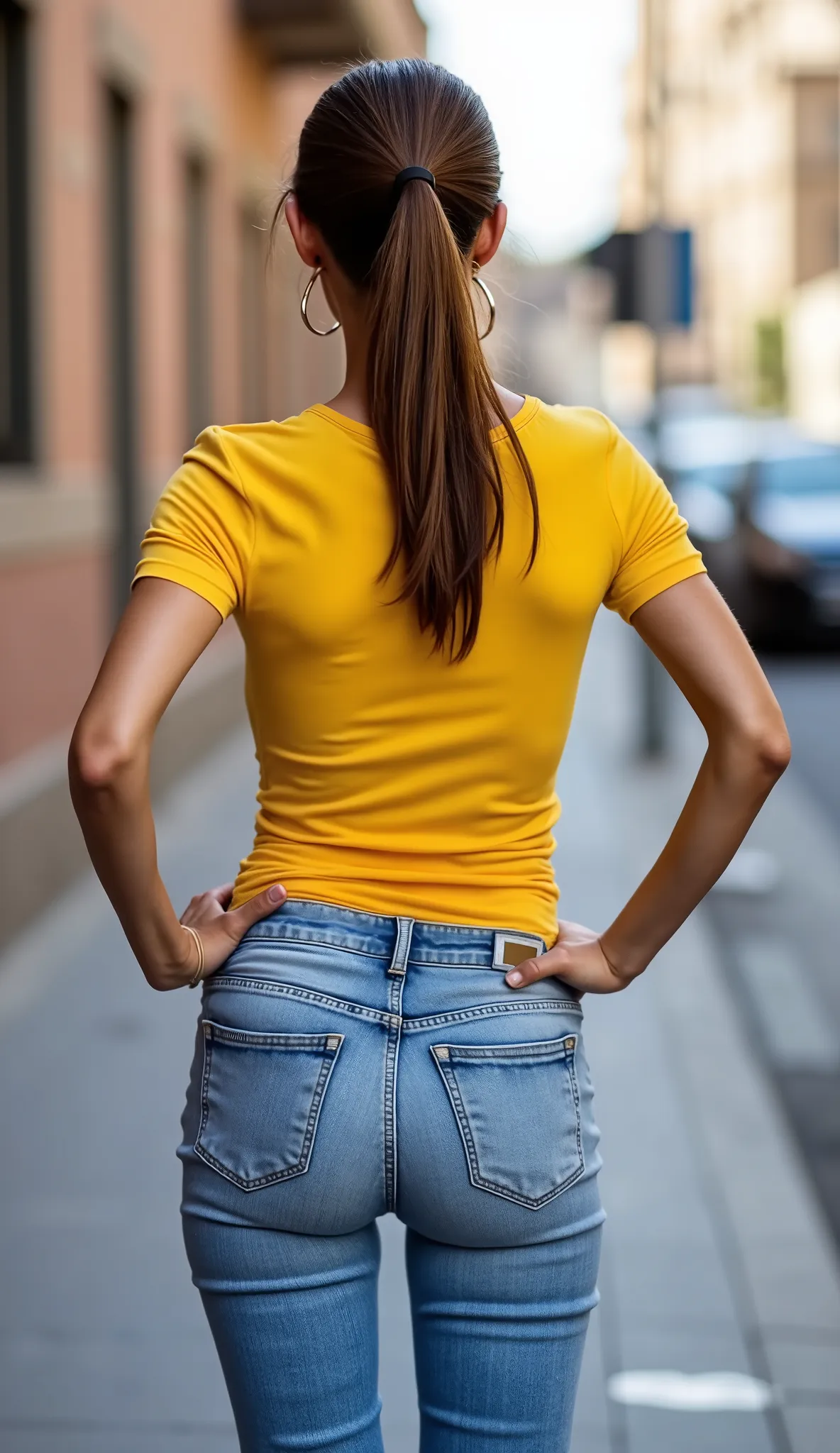 photorealistic, ultra high resolution, extreme detail, full-body shot (rear view), mature European woman, age ~50s, aged and tanned skin with visible texture, standing confidently on a sidewalk, ((facing away from camera)), hands on hips, slim and petite b...