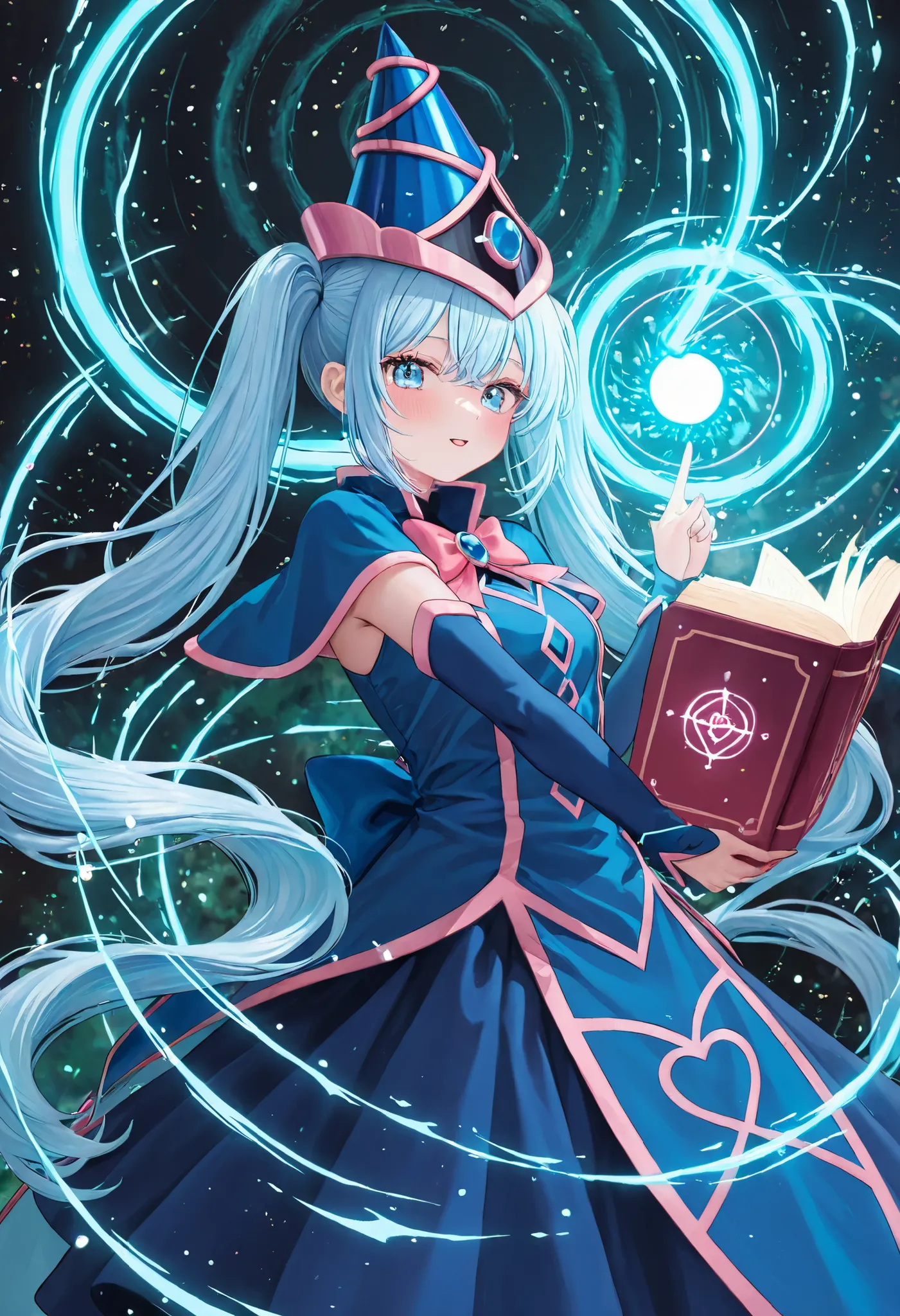Spiral of energy blue around the body, spiral twirl effects, Nice human girl magician, mgical hat, magic open-book, magical crystal full of energy, intense lightblue eyes, very long long twintails blac lucid  hair in magician-ethereal-forest,Isekai backgro...