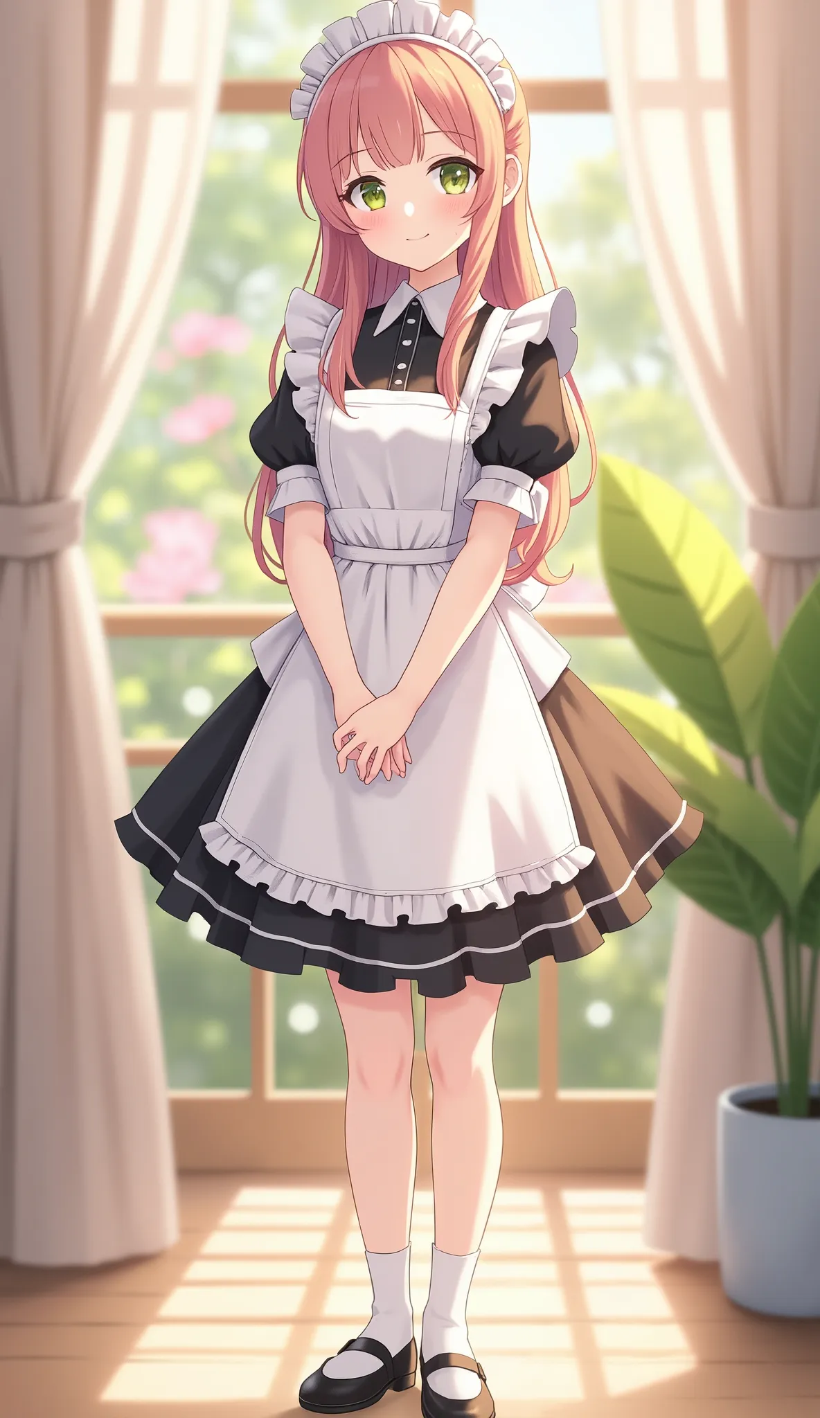full body,Full Body,Toe-Toe-Toe Composition Maid,Head Maid,girls,Graceful Standing Position,smiling expression,Polite Gesture,Delicate Lace Decoration,High Quality,high quality,4K,illustration style,Professional,pastel color,bokeh, Gentle Light ,Warm Atmos...