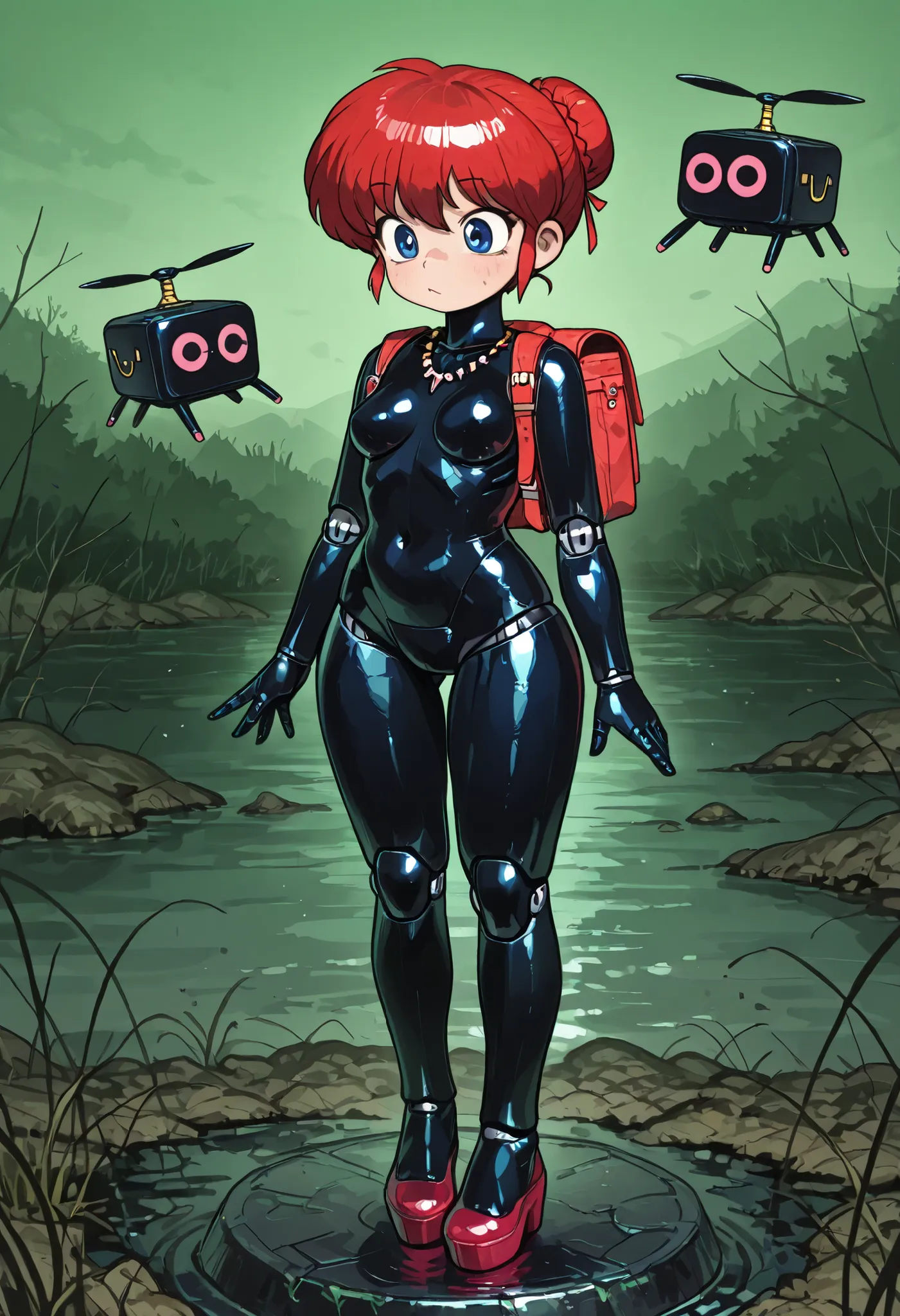 safe_pos, Ranma Saotome. red hair. short hair. blue eyes. small breasts. wide hips. necklace. black eyeliner. pink manicure. |  score_9, score_8_up, score_7_up, faux figurine, nendoroid, full body, figure, platform, solo, Anime, 1girl, masterpiece, best qu...