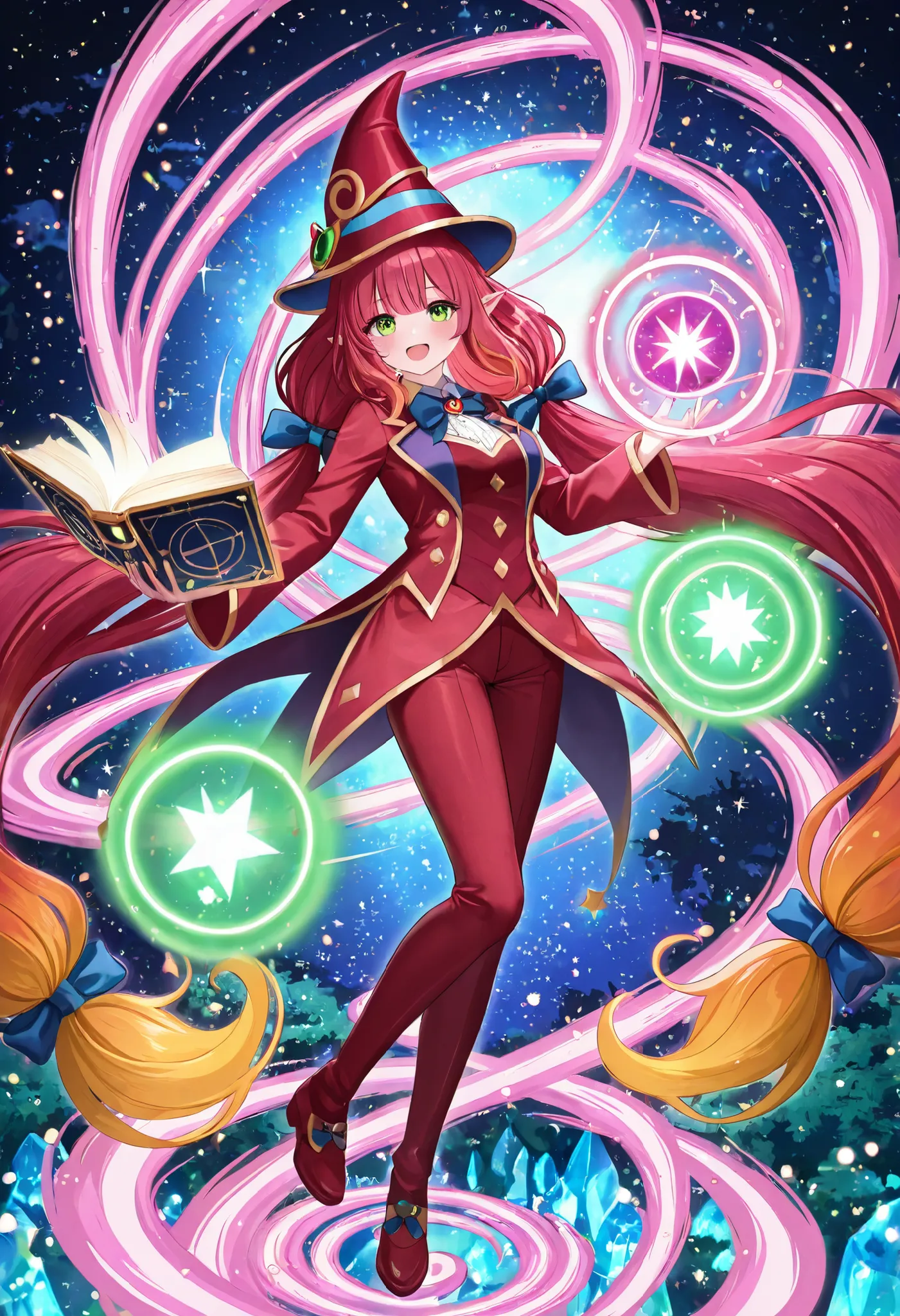 Spiral of energy blue around the body, spiral twirl effects, Nice human girl magician, hat, red clothes, magic open-book, magical crystal full of energy, intense lightgreen eyes, very long long twintails red lucid  hair in magician-ethereal-forest,Isekai b...