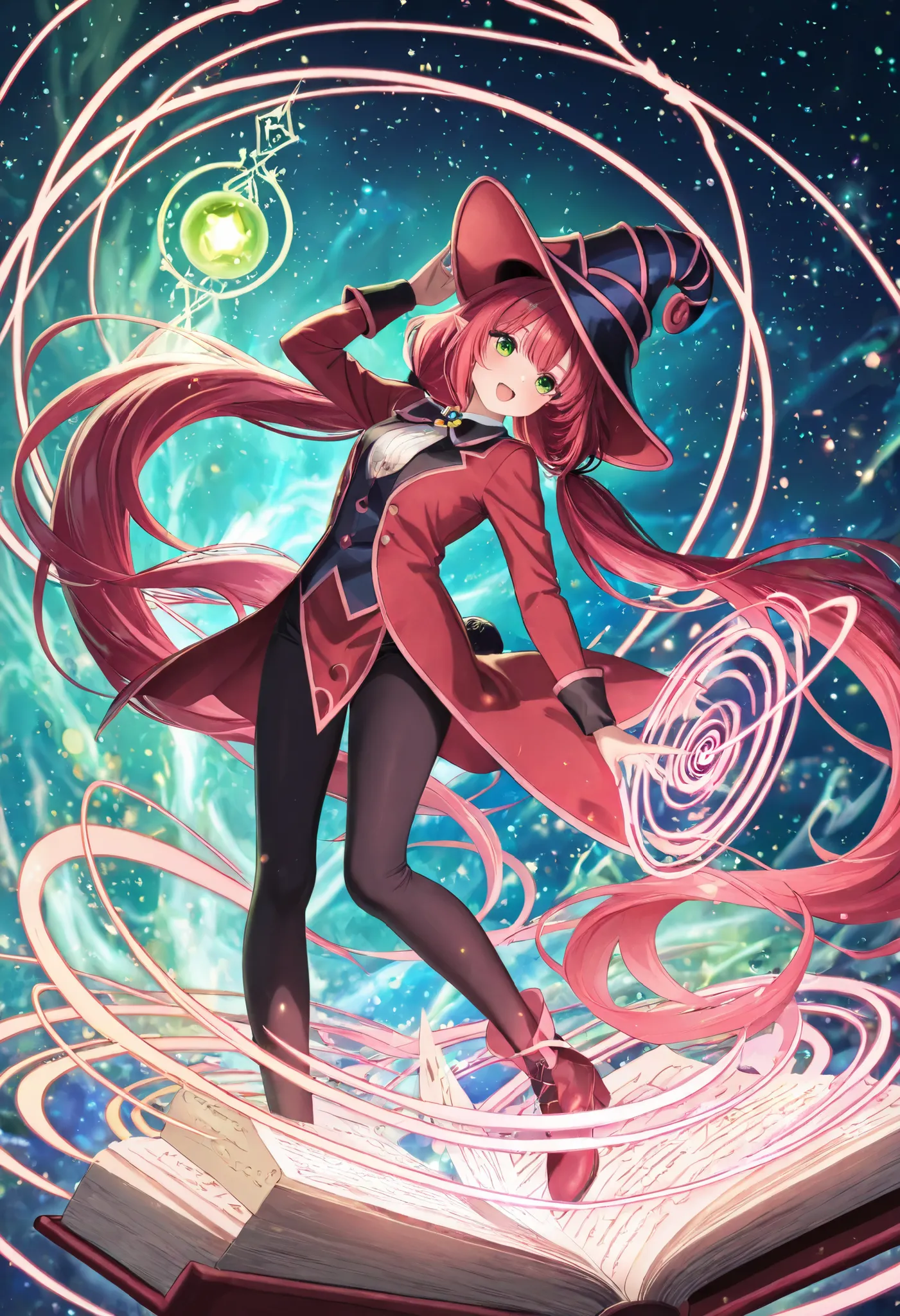 Spiral of energy blue around the body, spiral twirl effects, Nice human girl magician, hat, red clothes, magic open-book, magical crystal full of energy, intense lightgreen eyes, very long long twintails red lucid  hair in magician-ethereal-forest,Isekai b...