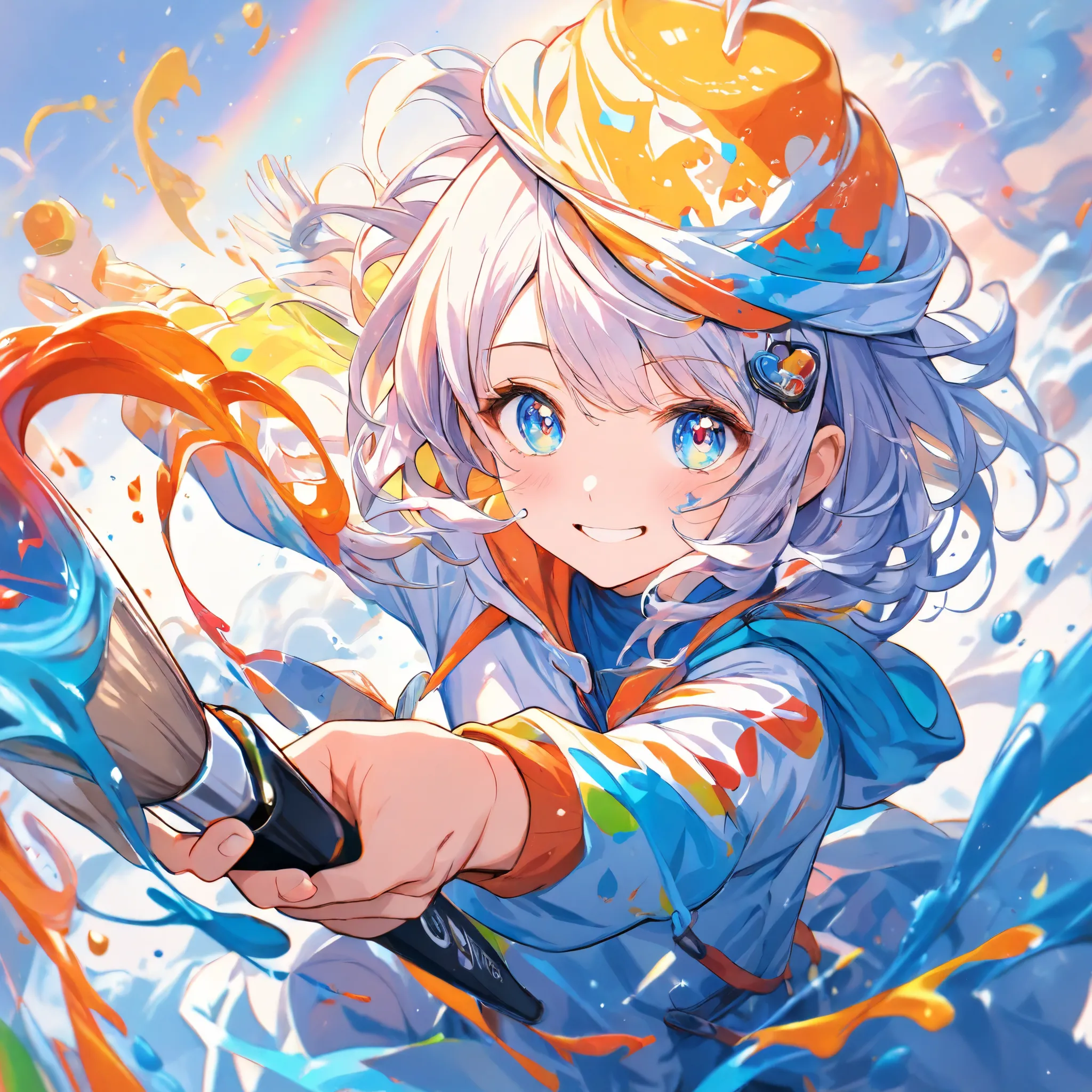 masterpiece,top quality,Super Detailed,8k,who has coolness in her cuteness　The color of the eyes is orange, a mischievous smile, a shortcut colorful hoodie with blue paint on the right cheek and hair　holding a palette of colorful paints in the left hand, h...