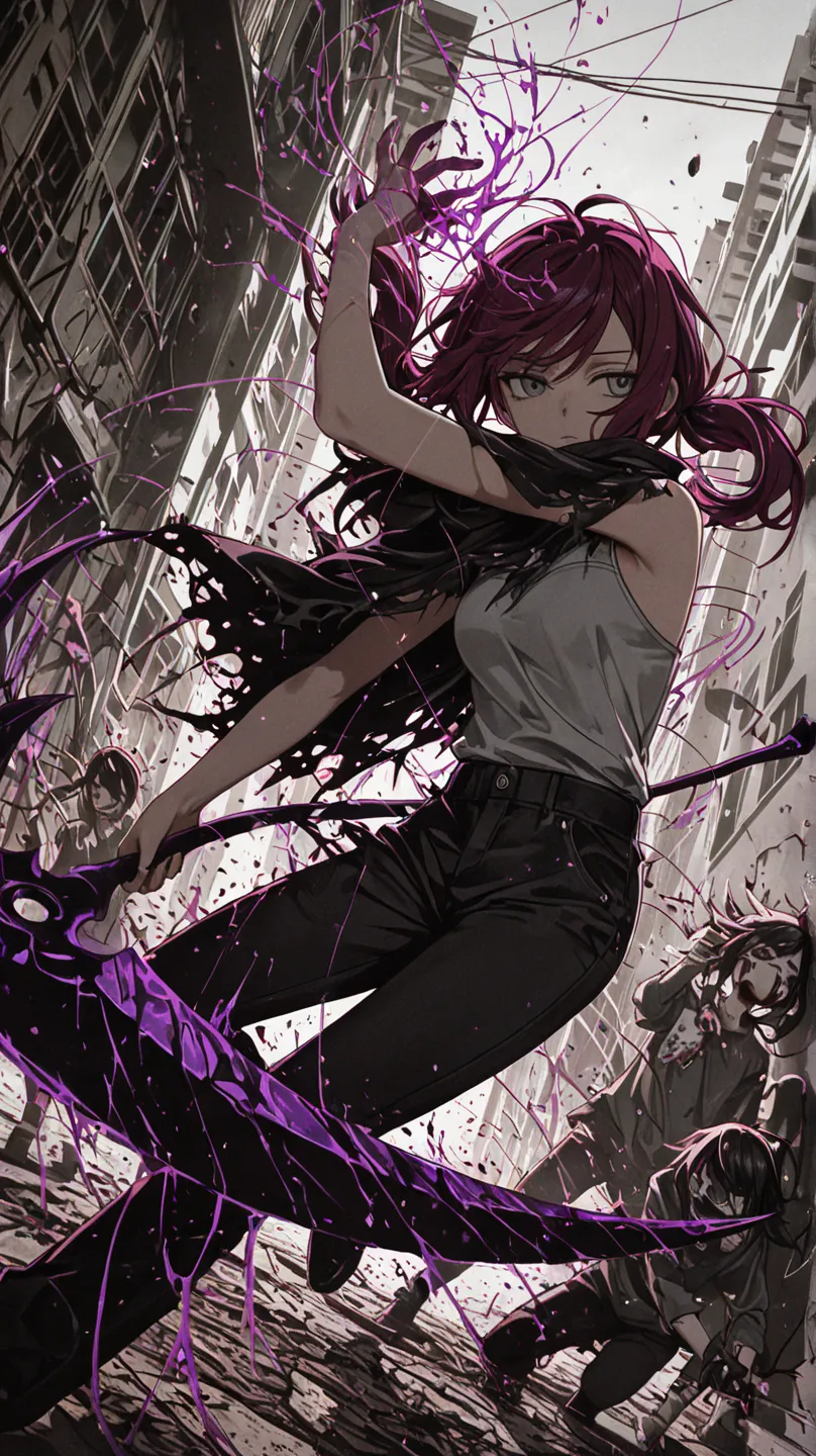 masterpiece, best quality, a girl with messy hair, dark red hair, dark purple highlights, scar, dark shadows on hands, long hair, low twin tails, swept bangs, gray eyes,,looking away, lifeless eyes, shadows over eyes, tired, portrait, action pose, dynamic angle, long swept bangs, strapless sleeveless shirt, gray shirt, hair ribbons, black trousers, black cloak, tattered cloak, dusk, holding scythe, slashing scythe, dark purple scythe, dusk, shadowy aura, dark aura, zombies, cutting up zombies, post-apocalyptic, street, cracked asphault, weeds growing out of asphalt, city ruins, smoldering ruins, buildings covered in vegetation, dynamic illustration with explosive radiating speed lines emanating from behind her. High contrast black and white with selective dark purple color accents, dramatic composition with ink splatter effects and motion blur., manga style with explosive effect, limited color palette, monochrome. dramatic lighting, speed lines, splash effect.