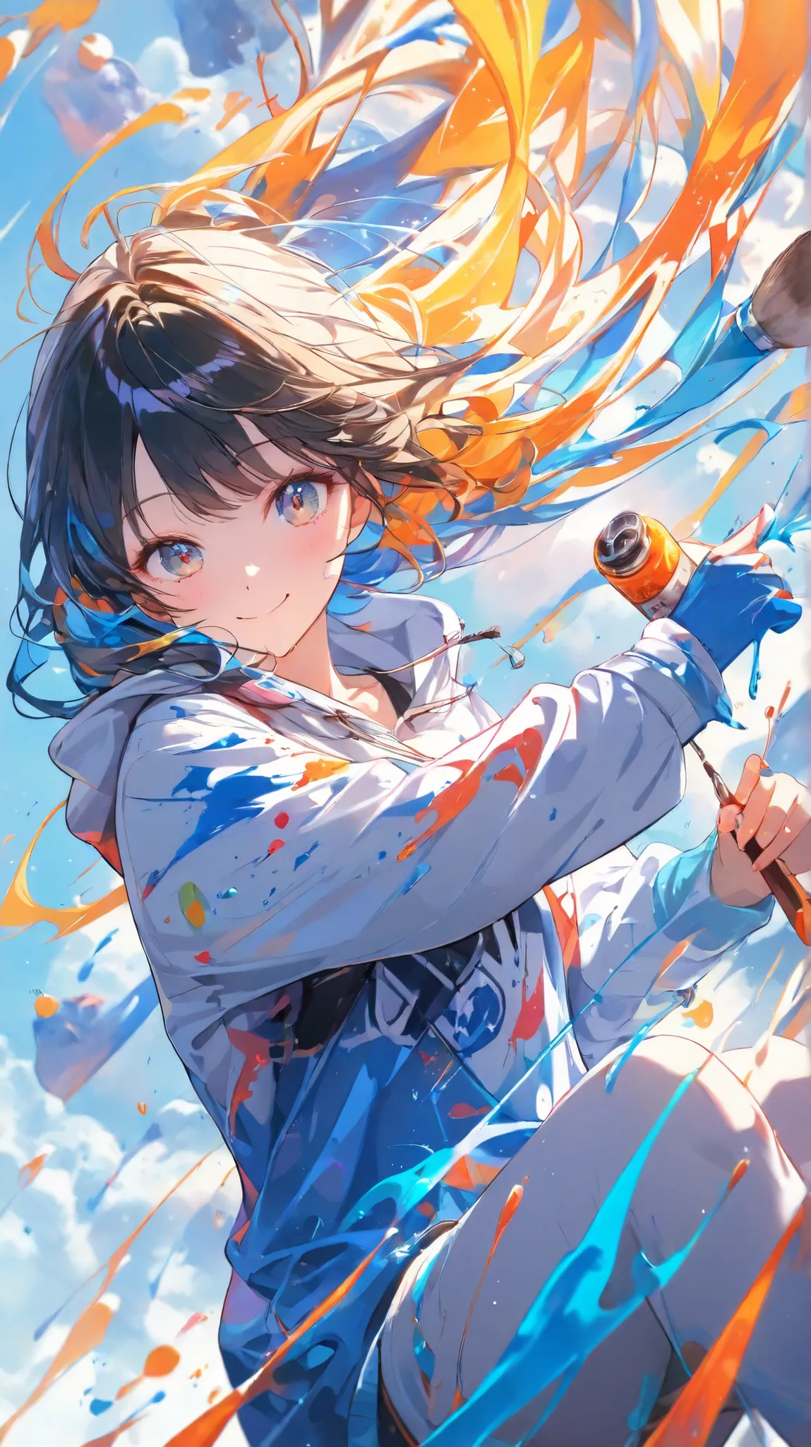 masterpiece、top quality、Super Detailed，8k，There is coolness in cuteness, the color of the girl's eyes is orange, a playful smile, a shortcut, a colorful hoodie with blue paint on her right cheek and hair, holding colorful paint in her hand, holding a brush...