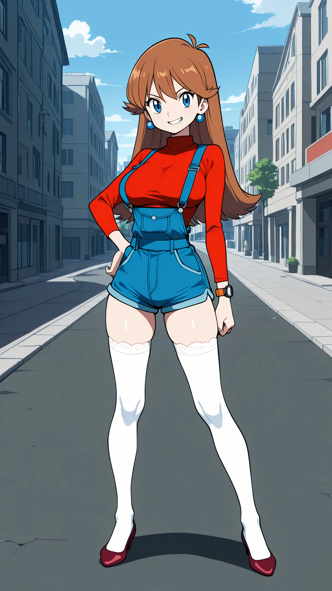adult older sister, Tall, big boobs, slim sexy body that can be licked by mobs, left hand hips, Orange flat pumps, bare hands, red long sleeve shirt, blue overalls denim overalls, white knee-high stockings, Absolute region, thighs, Beautiful legs, Beautifu...