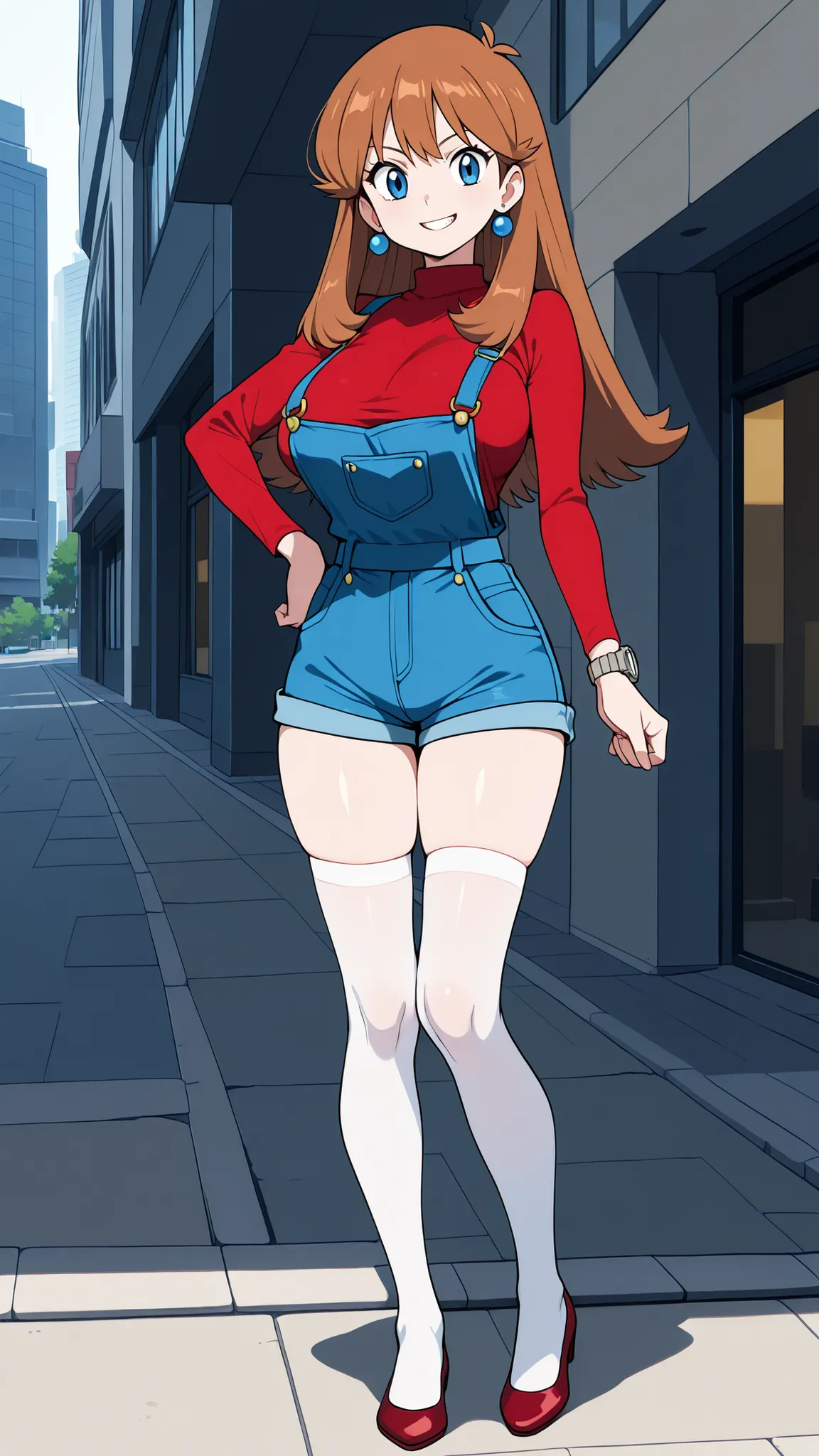 adult older sister, Tall, big boobs, slim sexy body that can be licked by mobs, left hand hips, Orange flat pumps, bare hands, red long sleeve shirt, blue overalls denim overalls, white knee-high stockings, Absolute region, thighs, Beautiful legs, Beautifu...