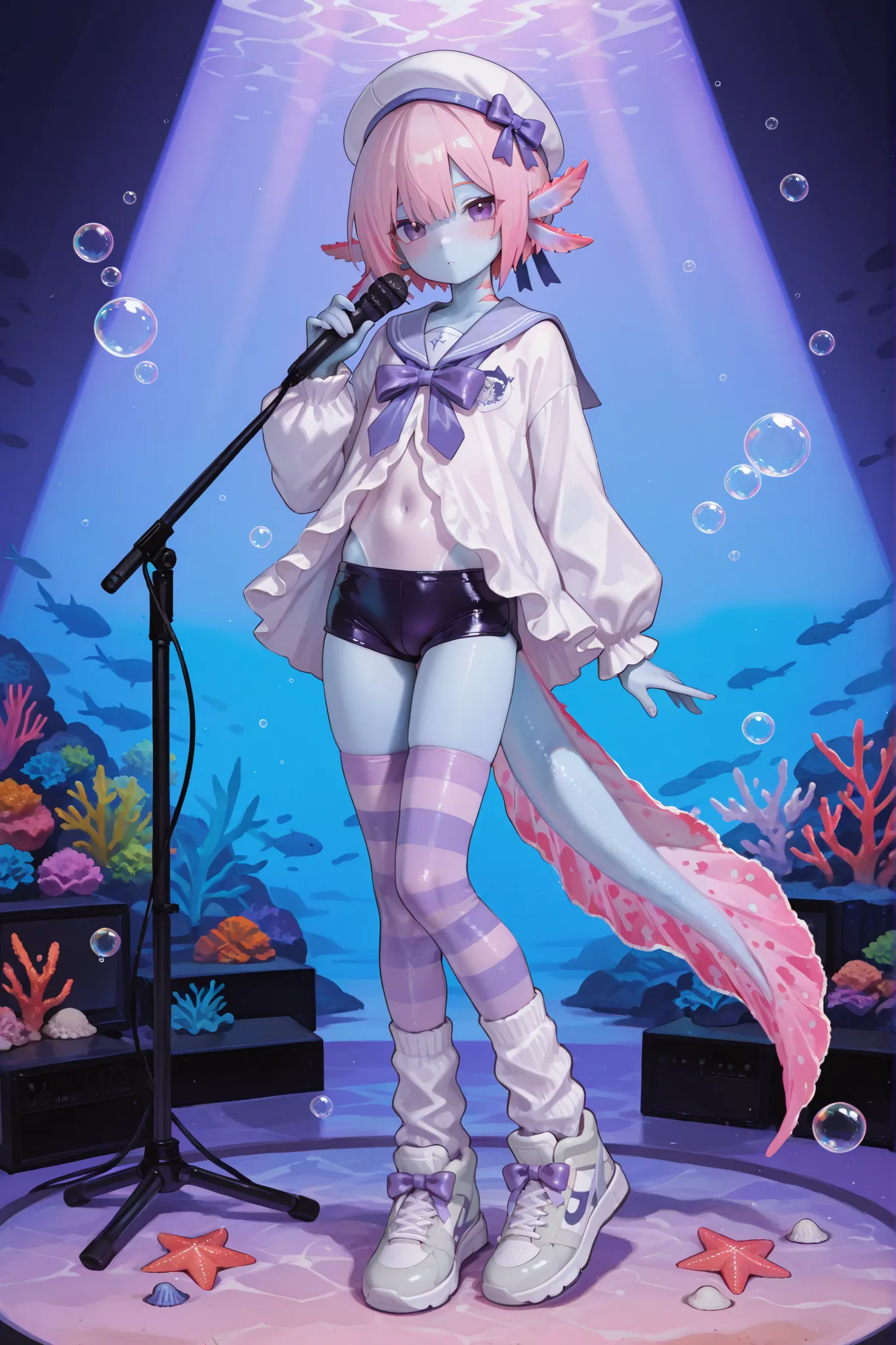 748cmstyle,puririkaaastyle,(male/boy character) The femboy idol. Beastman/furry/anthropomorphic axolotl. He has light pink skin covered with blush. He has a petite, flat-chested androgynous body structure. He has two-tone emerald-purple eyes. He has pink s...