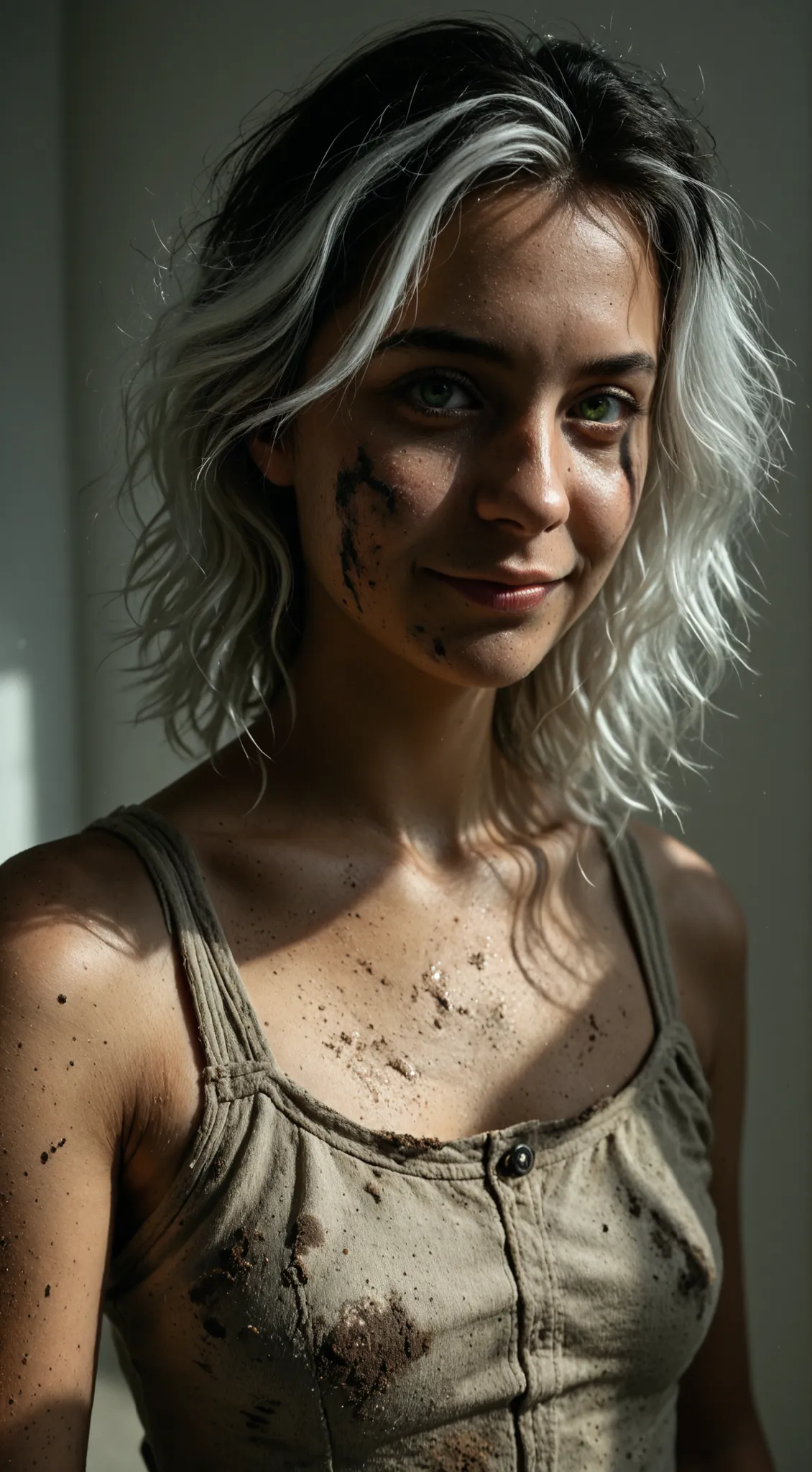 green eyes, high quality, high detail, photo real,
masterpiece, award winning, realistic, photo, photorealistic, (front view:1), eye_level, natural_perspective

(1girl, clochard_girl, long messy dirty hair, black hair, white highlights, undercut, petit nat...