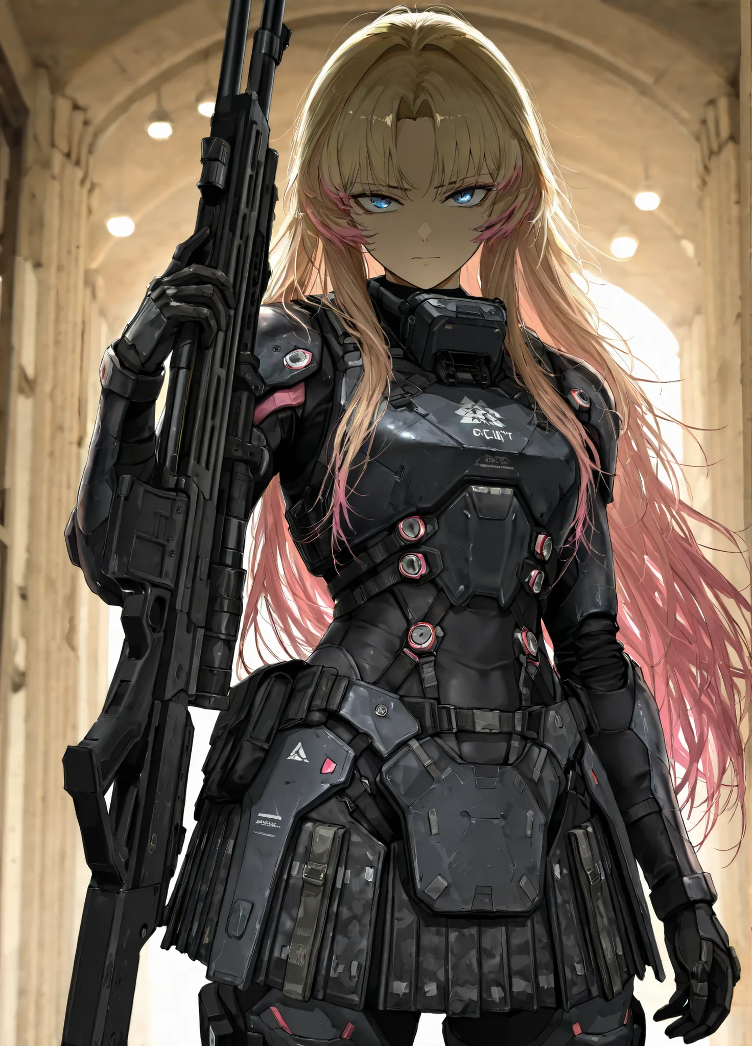 by [inoitoh|arknights|748cmstyle], warcore, backlighting, warm lighting, scenery, accented lights, 1girl, solo, A cowboy shot of a mature woman at a quarter angle/three quarter angle, looking at viewer, detailed face, intricate details, shikimori,tsurime, ...