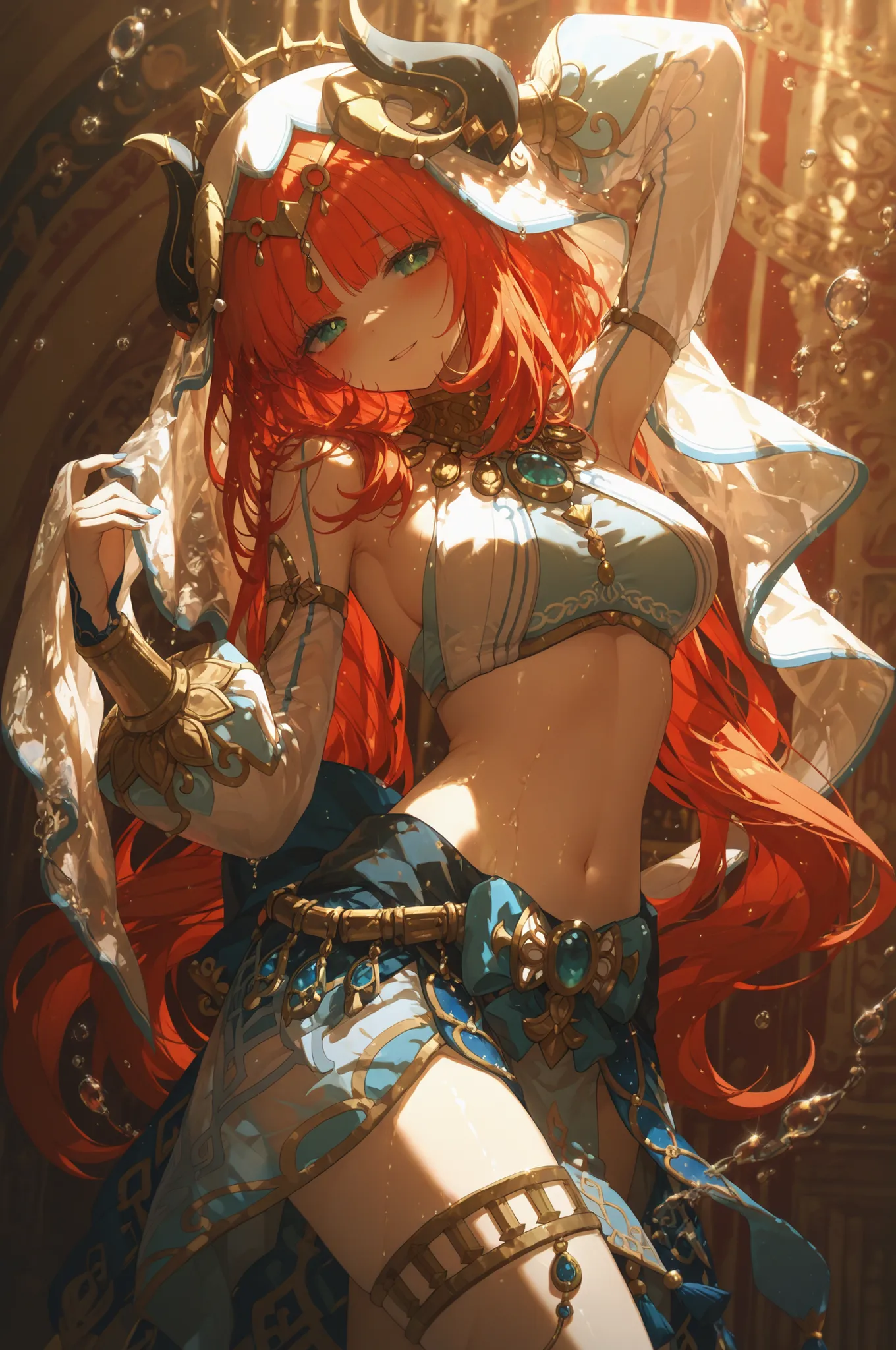 1girl,nilou \(genshin impact\),genshin impact,arm up,armpits,bare shoulders,blue skirt,breasts,brooch,cowboy shot,crop top,detached sleeves,fake horns,green eyes,horns,jewelry,large breasts,long hair,long sleeves,looking at viewer,midriff,navel,neck ring,p...