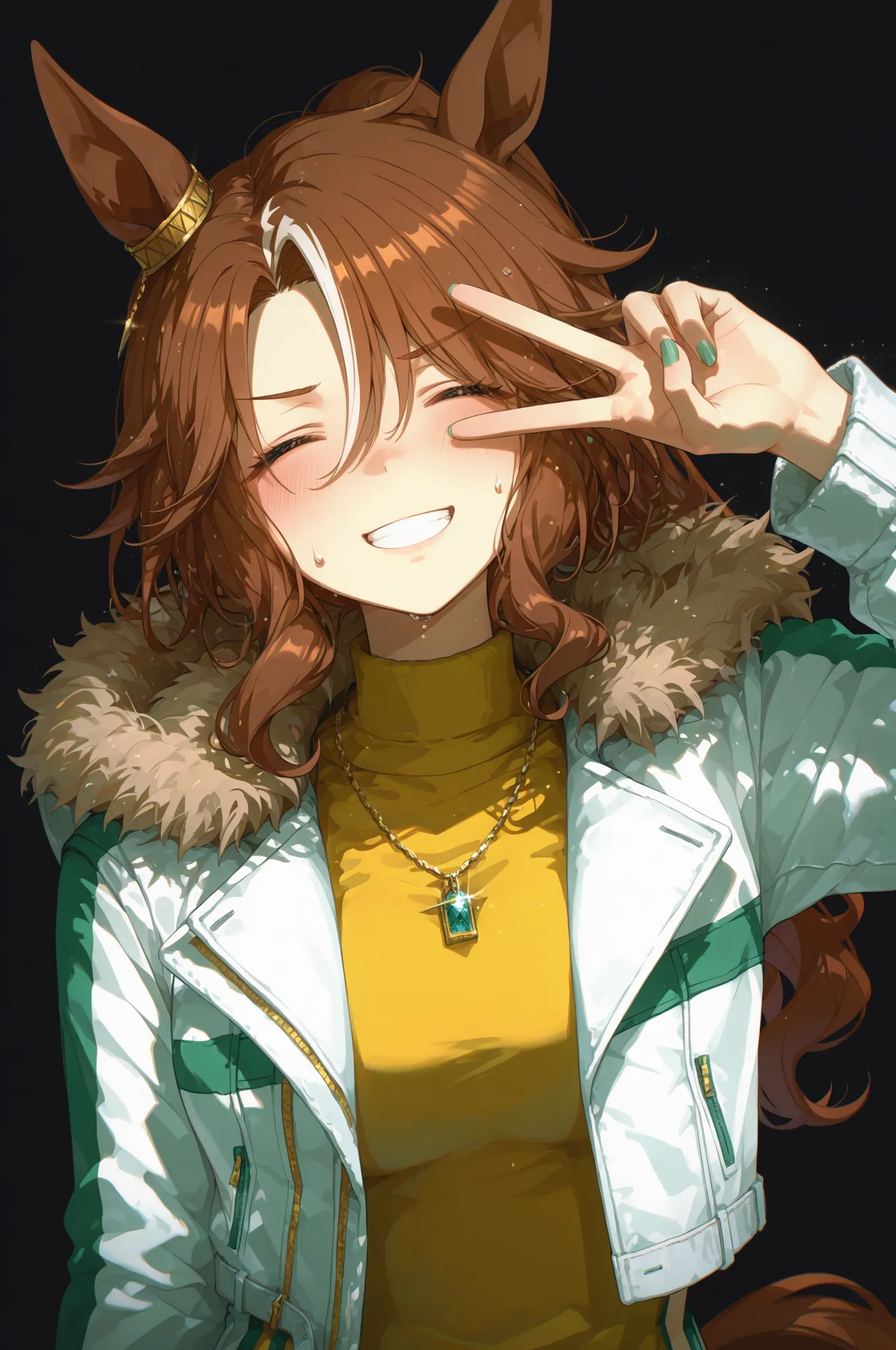 1girl,mejiro palmer \(umamusume\),umamusume,^ ^,animal ears,brown hair,closed eyes,facing viewer,film grain,fur-trimmed jacket,fur trim,grin,horse ears,horse girl,jacket,jewelry,long hair,necklace,shirt,smile,solo,turtleneck,upper body,v-shaped eyebrows,wh...