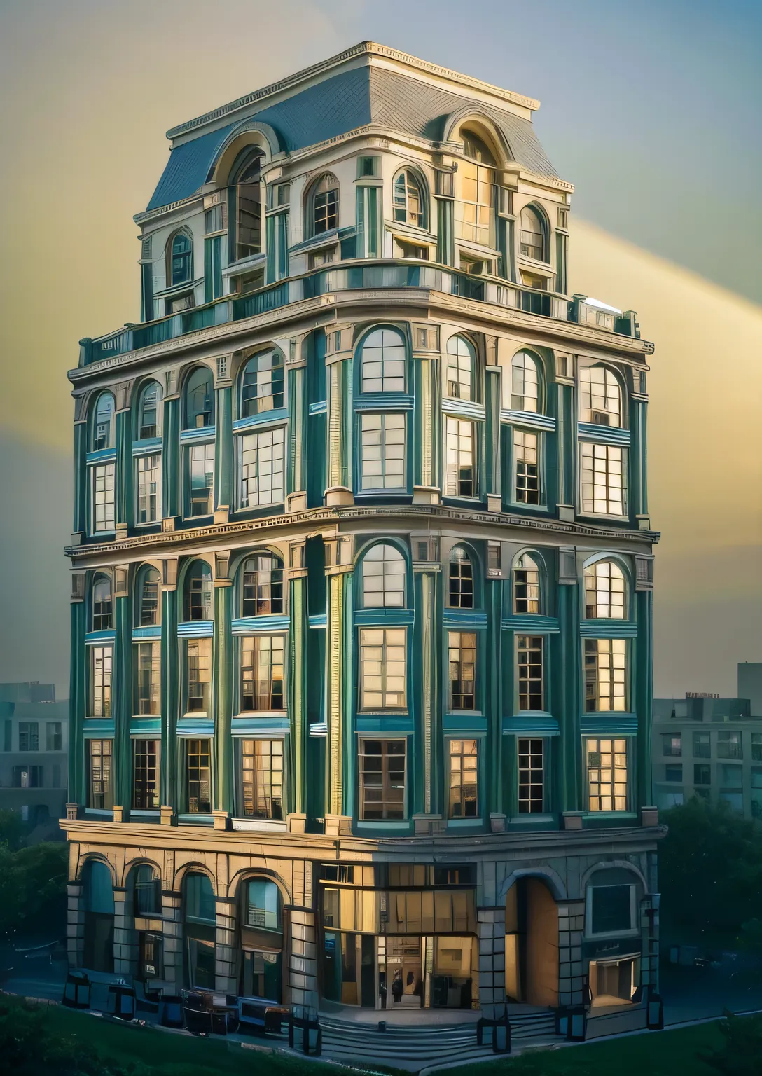 a penthouse apartment combined with a classic design office, interior lighting, a clear blue sky, high-quality 8k images, green urban landscape, people, vehicles, masterpiece,