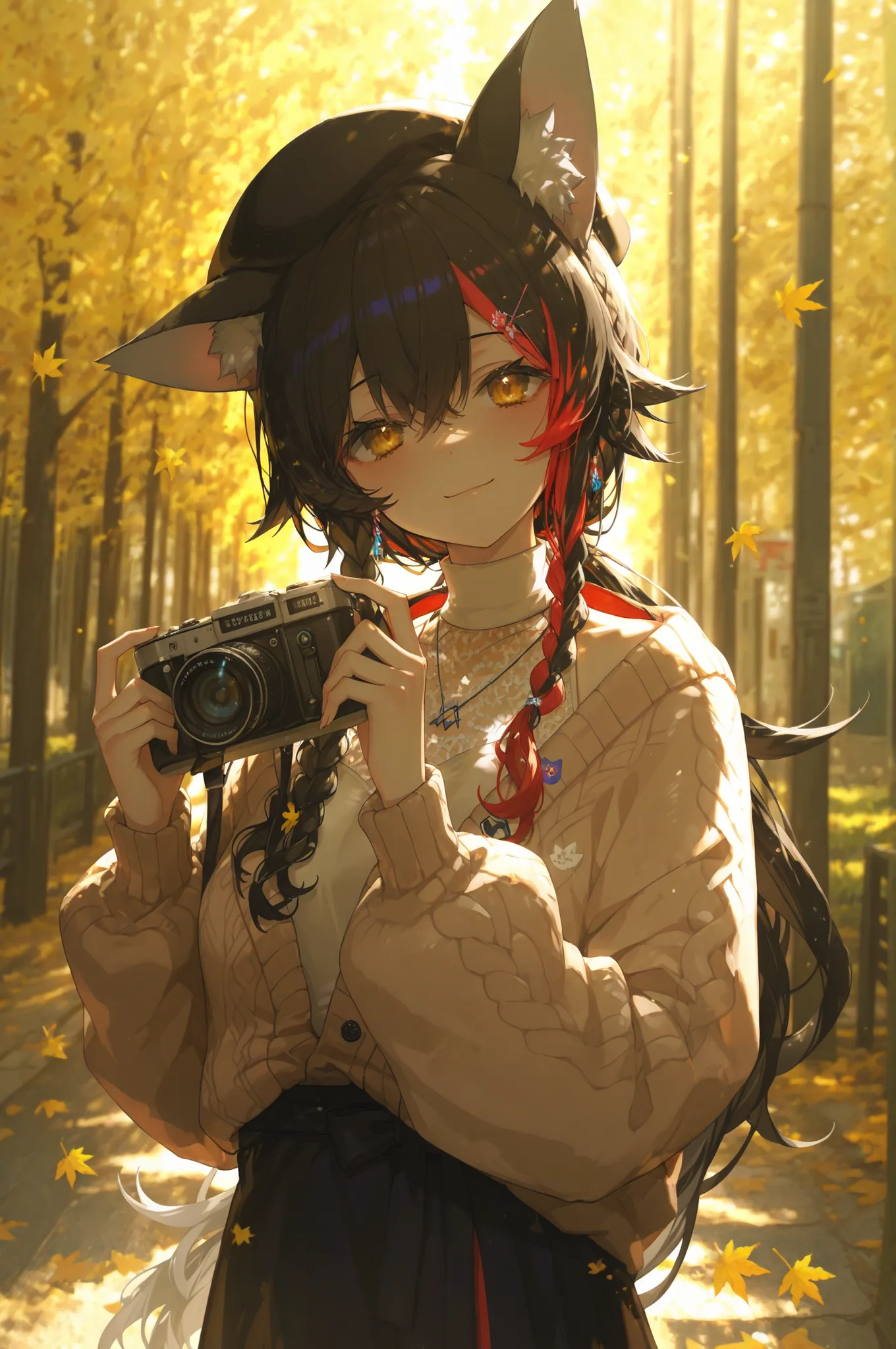ookami mio,ookami mio \(street\),hololive,animal ear fluff,animal ears,autumn leaves,black hair,black headwear,black skirt,blurry,braid,brown cardigan,camera,cardigan,closed mouth,depth of field,double-parted bangs,hair between eyes,holding,holding camera,...