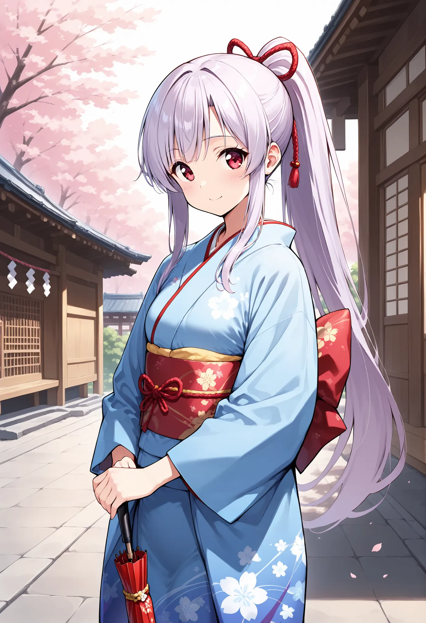 best quality, details, high resolution, 8K image, 超high resolution, shot from the front、(animated illustration style:1.3),1 girl, solo, small breasts、light purple long hair, ponytail, Red Eye, ponytail , red ribbon , Kimono、日本のKimono、長袖のKimono、Realistic Sk...