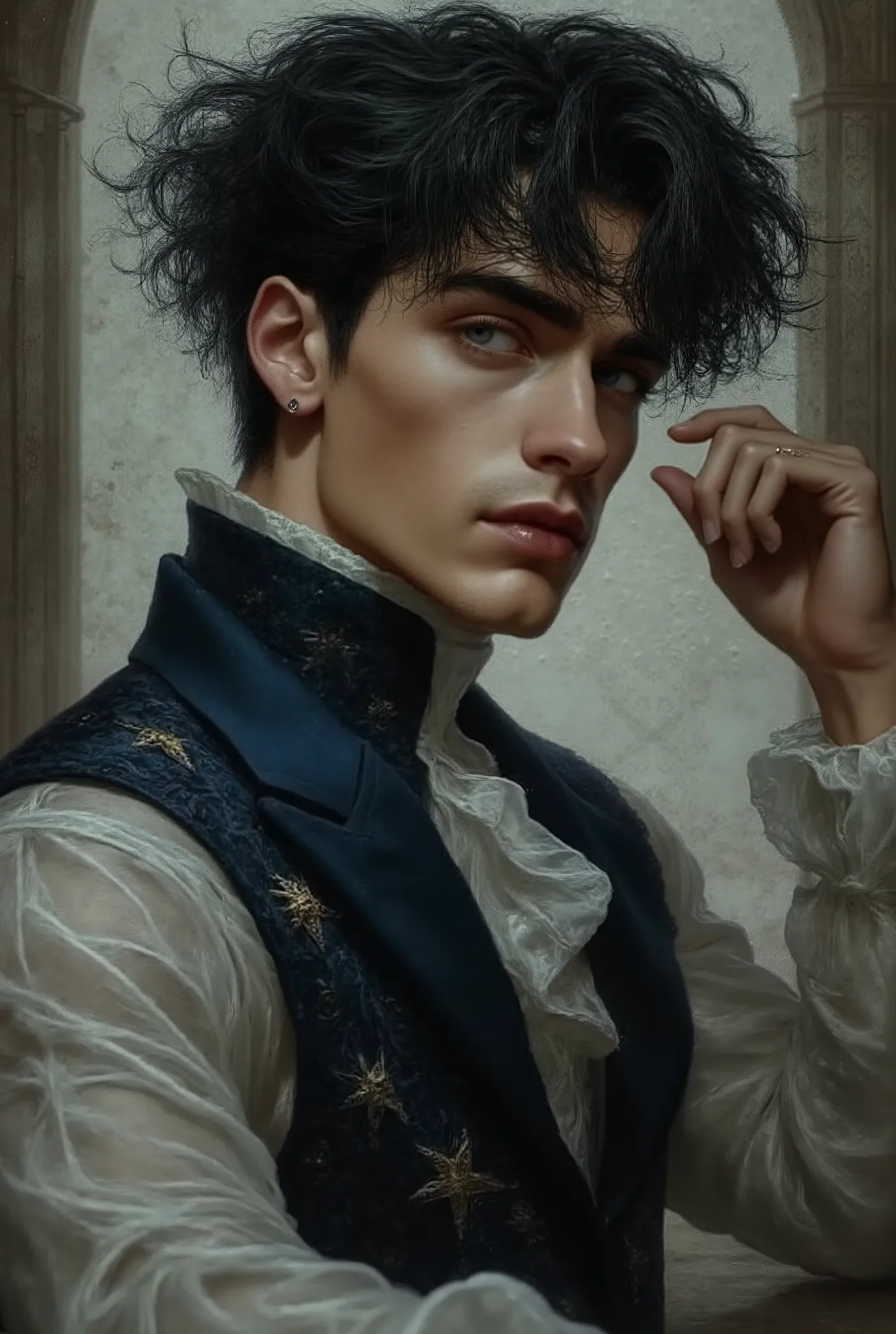 A seductive dark-haired man, around 23 years old, with tousled black waves and piercing grey eyes, posing in an extreme foreshortened angle from below. The view starts from his legs, emphasizing his strong thighs, narrow waist, and broad shoulders as he le...