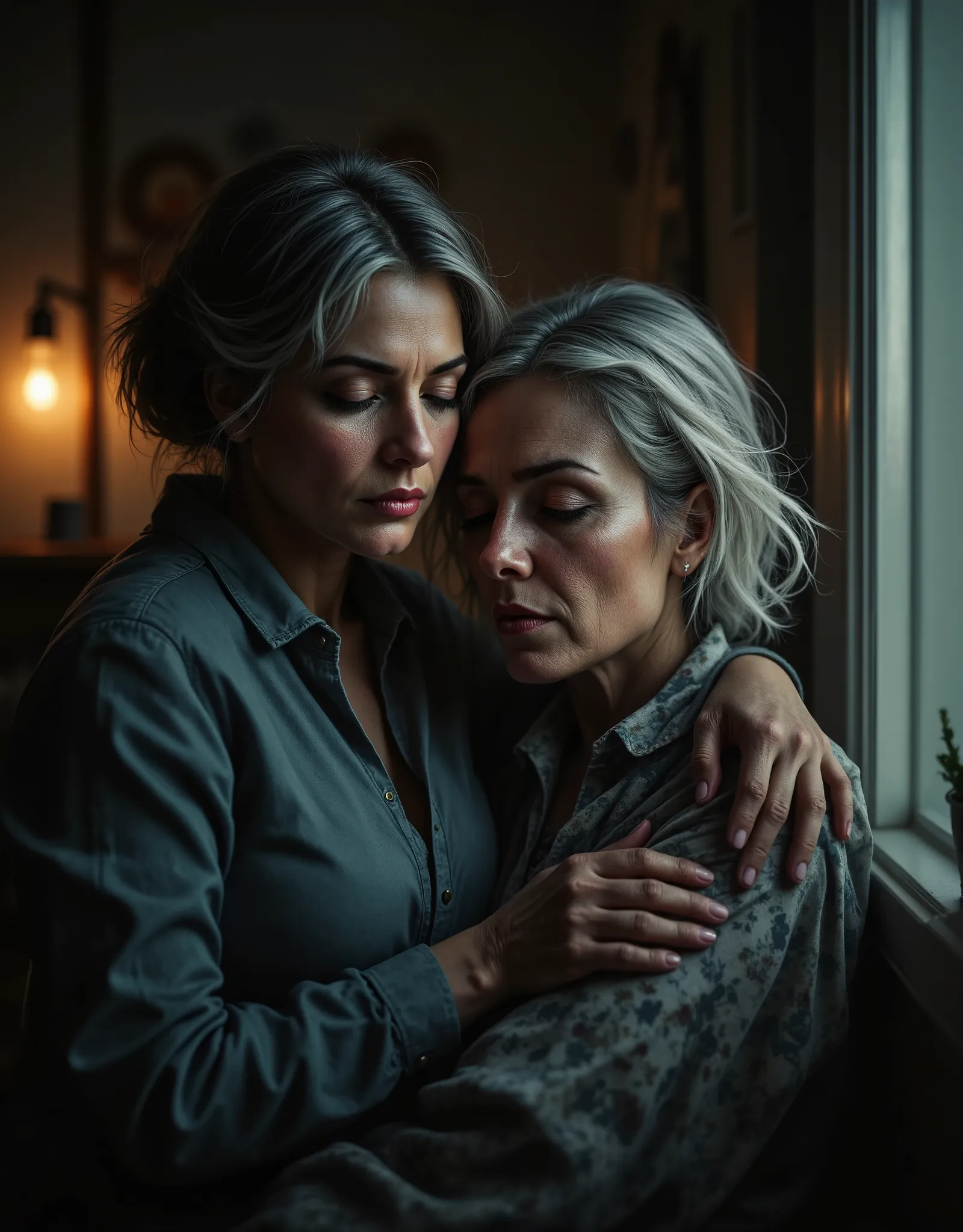 caregiver for alzheimer patient, elderly woman with sad expression and tired posture, caring for patient in home setting, warm lighting, soothing colors, photorealistic, cinematic, professional photography, high resolution, intricate details, emotive, poig...