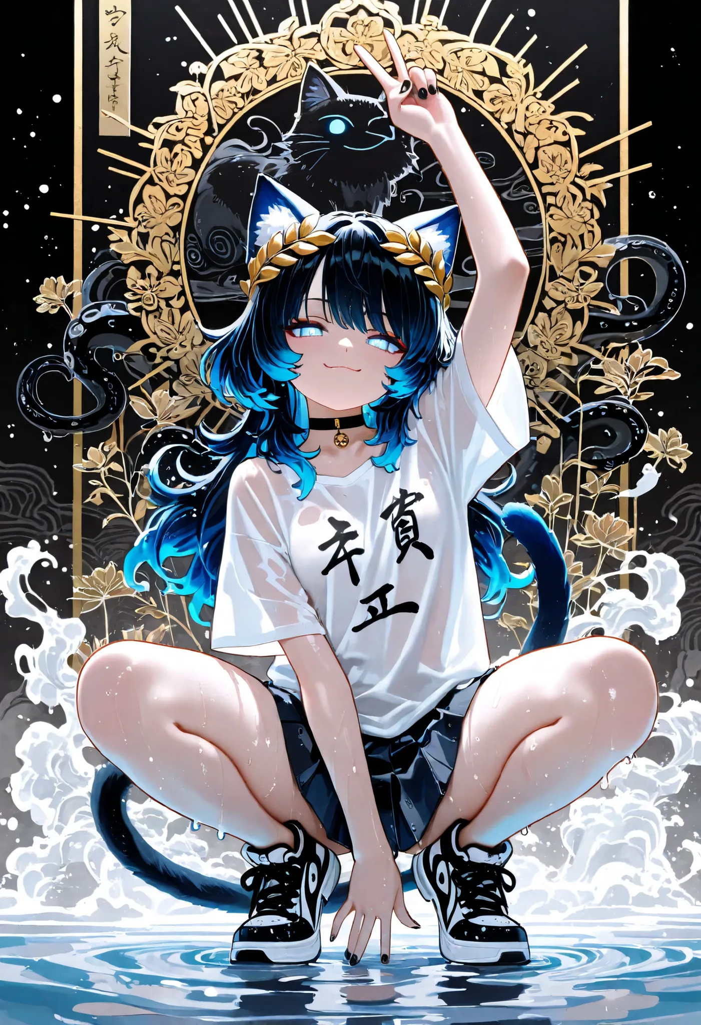 1girl, skyblue eyes, jitome(0.5), dark blue hair, White gradient hair, wolf cut, messy culry long bob hair, Fluffy thick hair, water hair, liquid hair, Hair that turns into water, Hair that turns to liquid, cat ears, 2 cat tails, flat Breast, white t shirt...