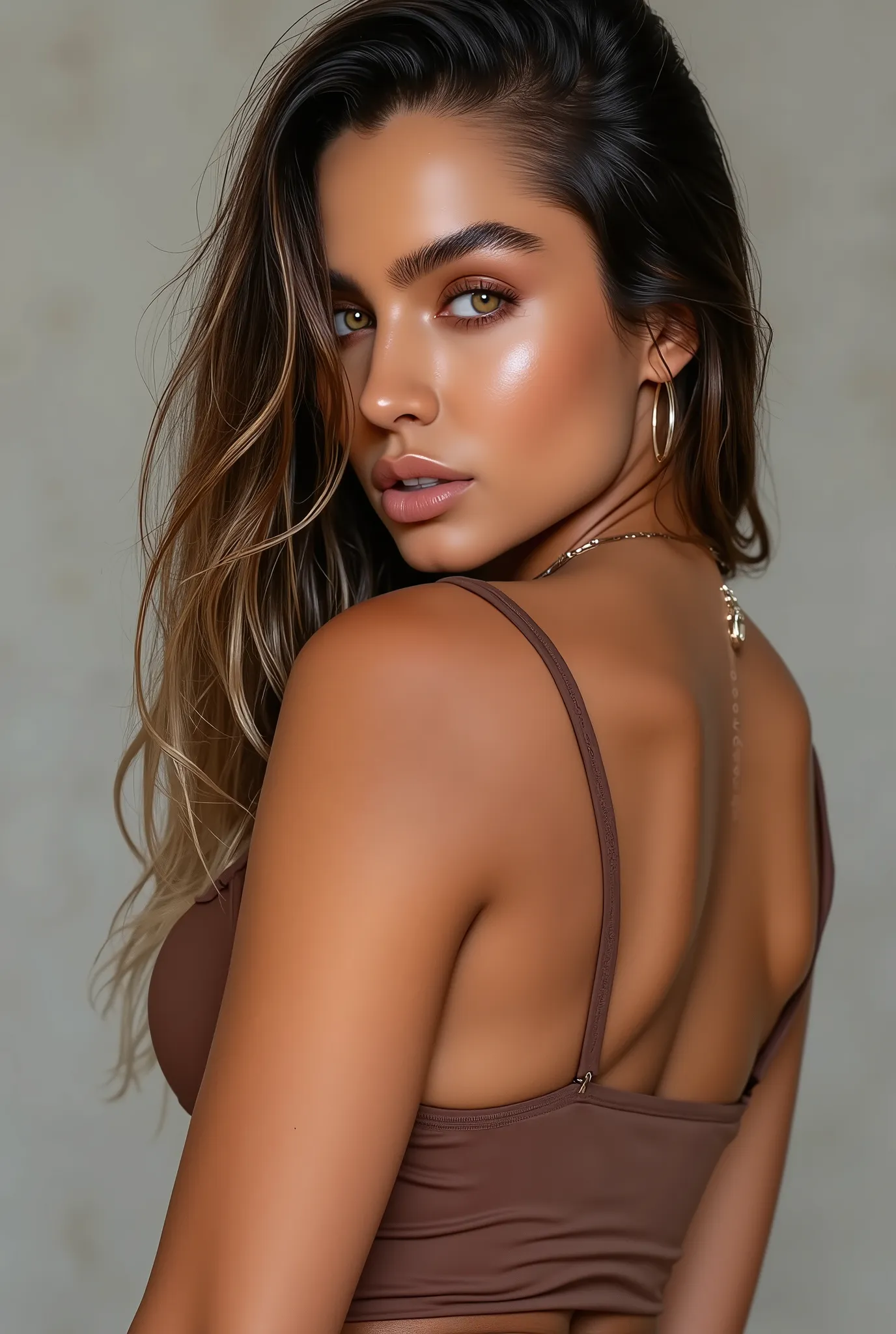 (Photorealism:1 . 2) , (humanskinrealism:1 . 2) (Humanhautequalityrealism:1 . 2) , (hautquality:1 . eductive look, seductive eyes, sexy seductive pose Tru Kait perfect sharped beauty face, Beautiful woman with Latina features, with pouty lips and perfect d...