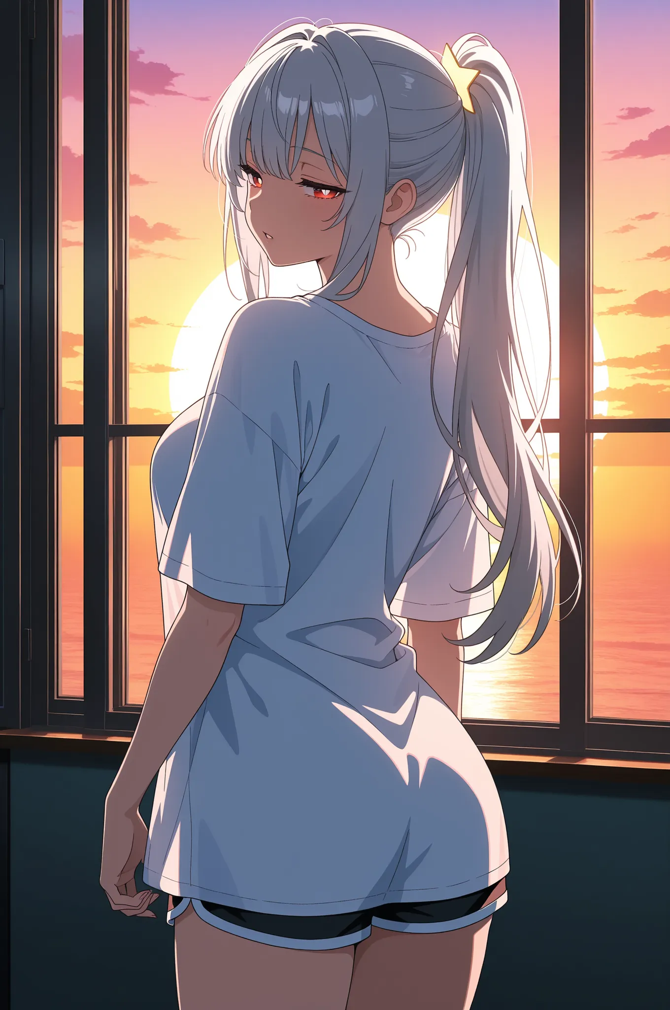 masterpiece, best quality, amazing quality, very aesthetic, cowboy shot, from behind, 1girl, aged up, half-closed eyes, parted lips, looking back, silver hair, long hair, bangs, ponytail, red eyes, white pupils, gradient eyes, medium breasts, oversized shi...