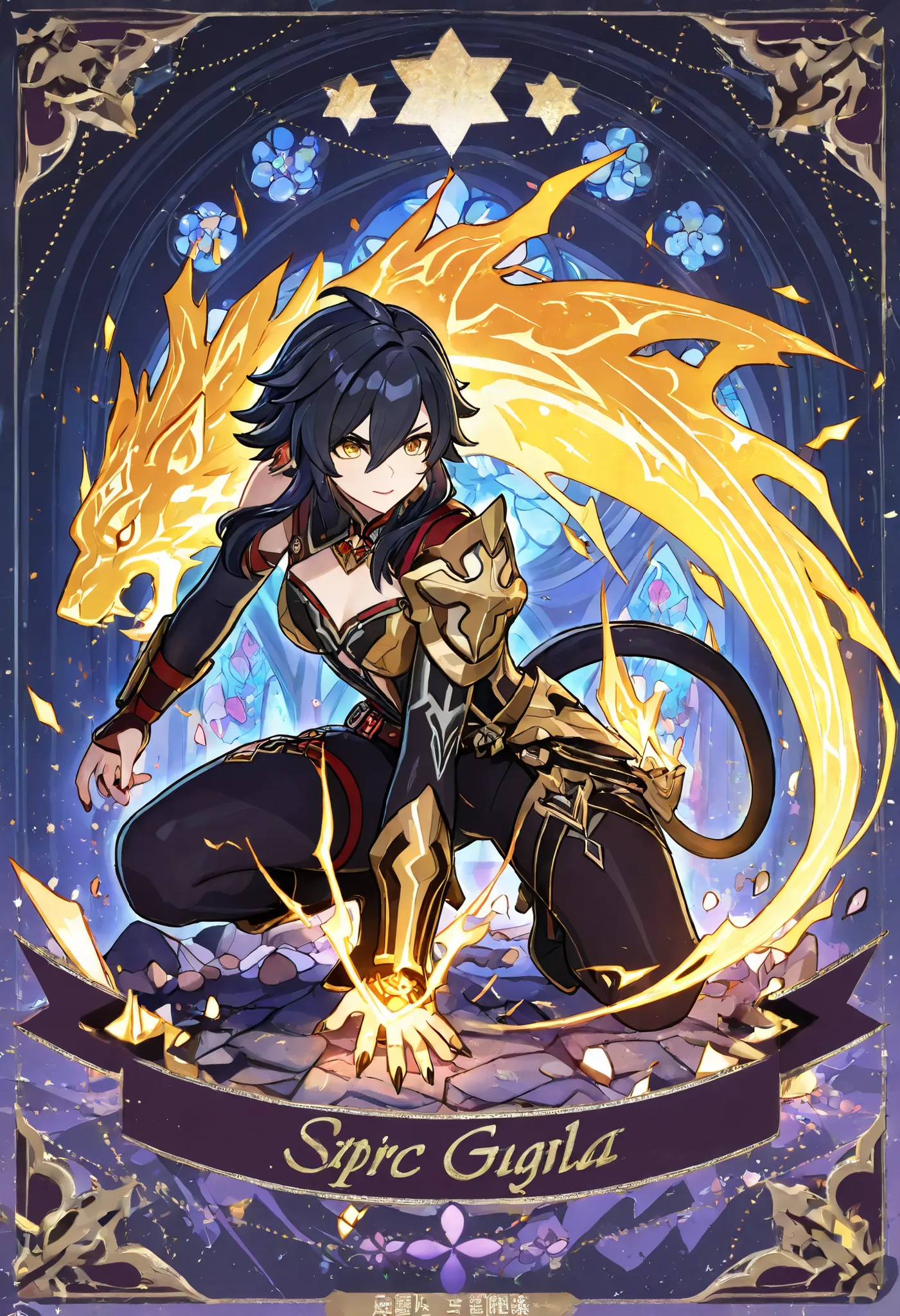SSR art in the style of a premium fantasy collection, detailed render, Ultra HD, 8K. Half-panther warrior in a dynamic combat pose: crouching on one knee, with clawed hands ready to attack, tail curved in tension, long black hair flutters. Her yellow eyes ...