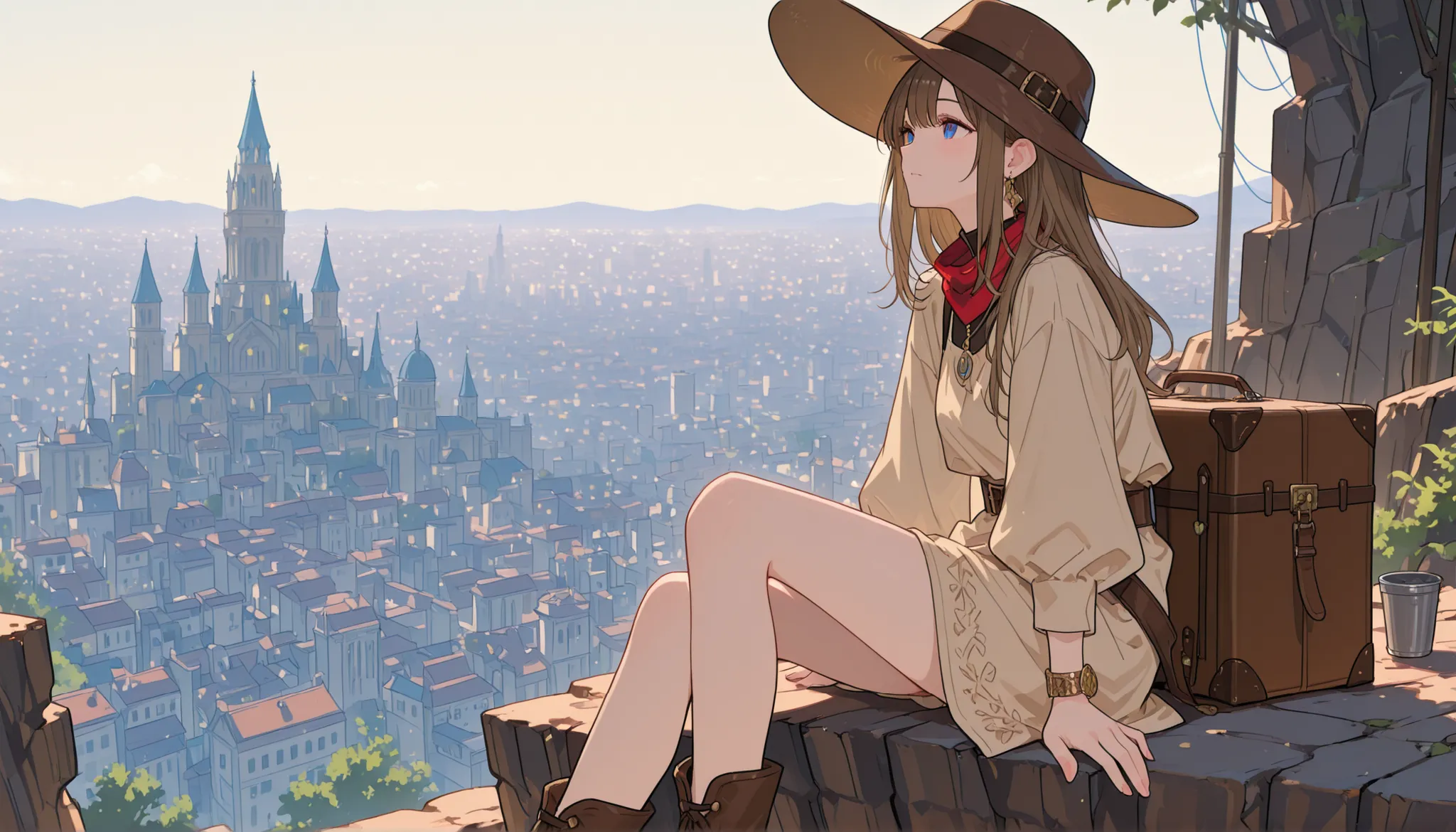 single girl、I'm traveling the world、Traveller's beige outfit、wearing a traveler's brown hat、has traveler's luggage、Sitting on a cliff、Superb view over the city、Free image、Fantasy、dull color