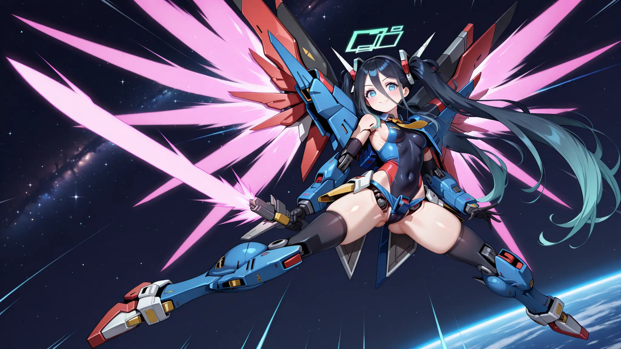 sunrise stance,holding,holding sword,(destiny gundam, mecha, robot),masterpiece,best quality,newest,highres,absurdres,very awa,shiny skin,anime,science fiction,1girl,solo,long hair,breasts,looking at viewer,smile,bangs,blue eyes,black hair,thighhighs,glove...