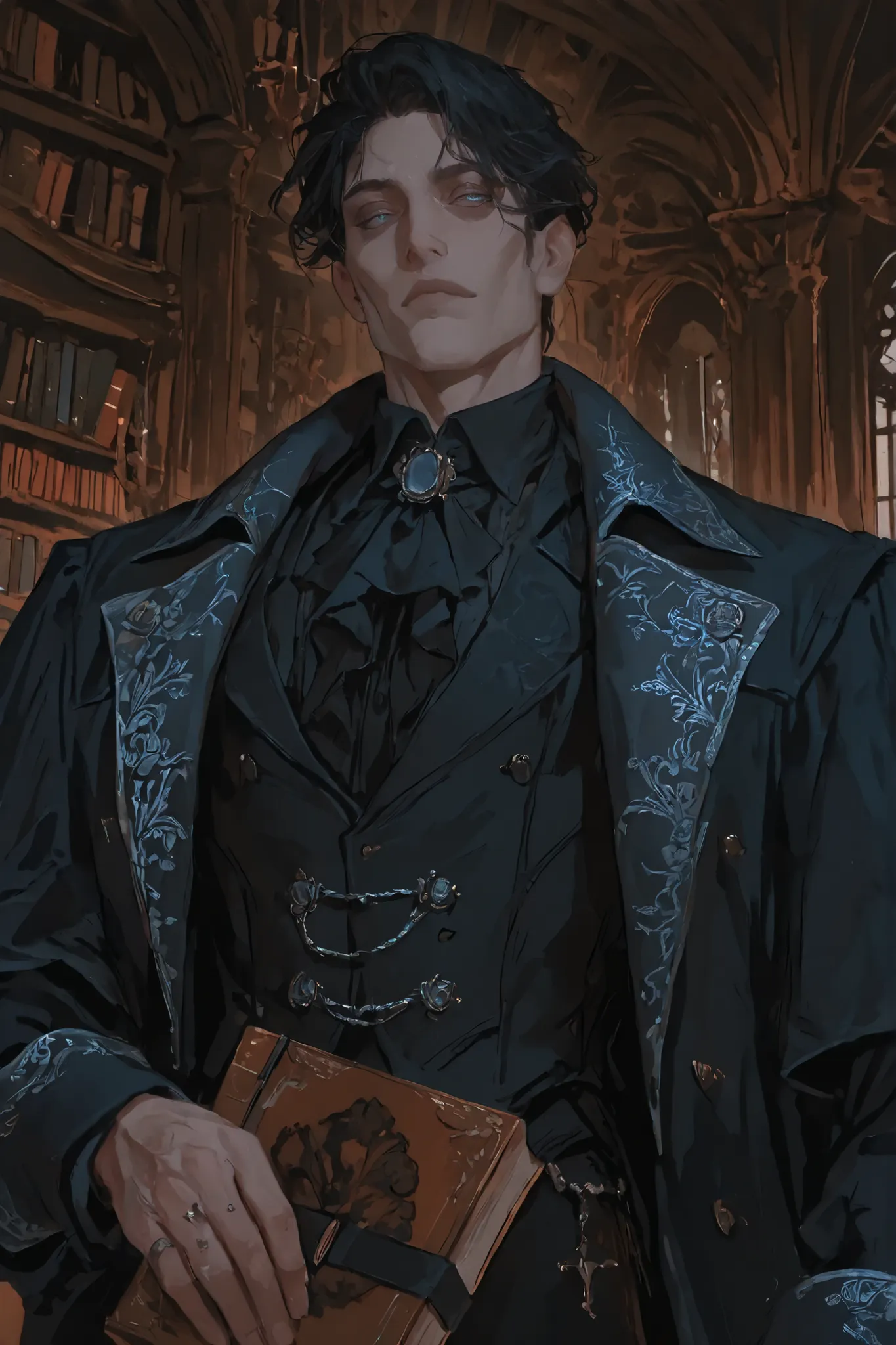 Tall, pale-skinned man with long, slightly wavy jet-black hair, neatly tied back. Striking blue-gray eyes with dark lashes. Sharp, aristocratic features and a calm, unreadable expression. Dressed in an elegant black high-collared Victorian-inspired coat wi...