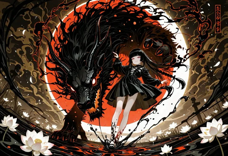 1girl, light lavender eyes, jitome, black Hair, blunt bangs, hime cut, small chest, black clothes, goth, high waist, long Side slit skirt, Choker, bare legs, black nails, flower pattern, masterpiece, best quality, Perfect details, perfect composition, Perf...