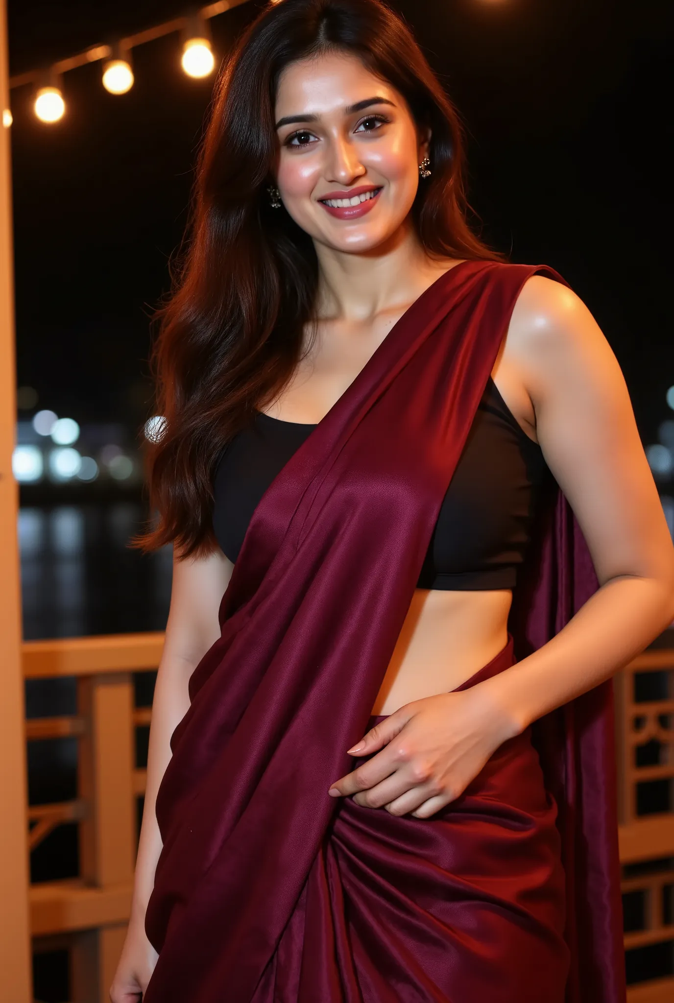 A gorgeous woman standing gracefully at night on a softly lit balcony, wearing a deep maroon and black satin saree with a stylish sleeveless blouse. The fabric drapes elegantly over her curves, catching the ambient warm lights around her. She has a confide...