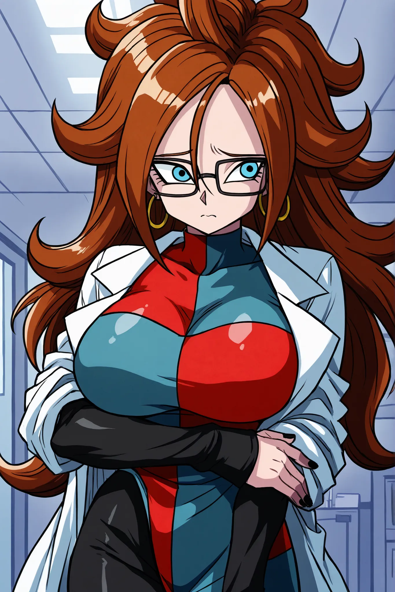 android 21, blue eyes, brown hair, glasses, long hair, very long hair, black-framed eyewear, scared, close mouth, black sleeves, checkered clothes, checkered dress, detached sleeves, dress, lab coat, turtleneck, indoors, Black pantyhouse looking to the rig...