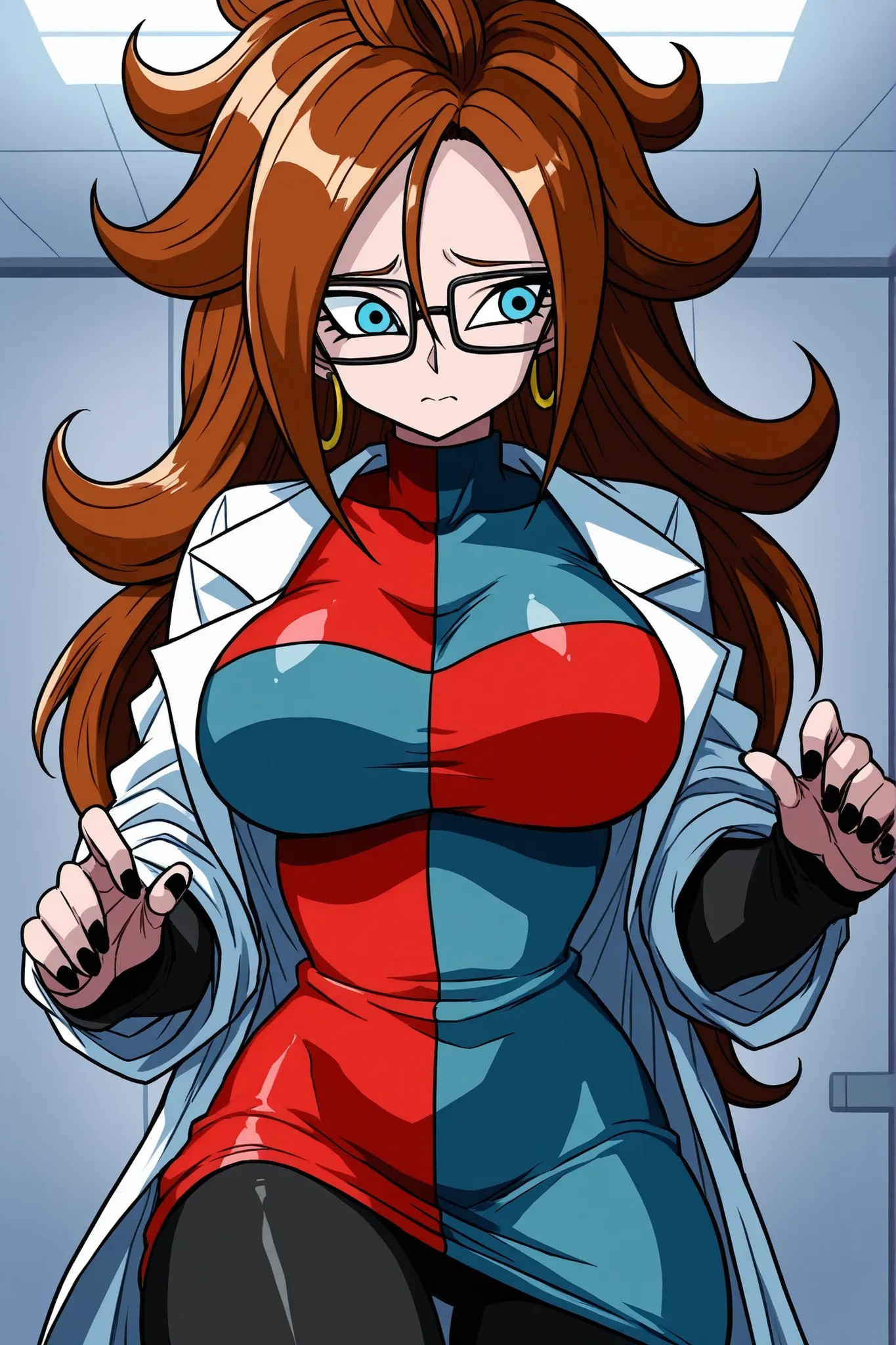 android 21, blue eyes, brown hair, glasses, long hair, very long hair, black-framed eyewear, scared, close mouth, black sleeves, checkered clothes, checkered dress, detached sleeves, dress, lab coat, turtleneck, indoors, Black pantyhouse looking to the rig...