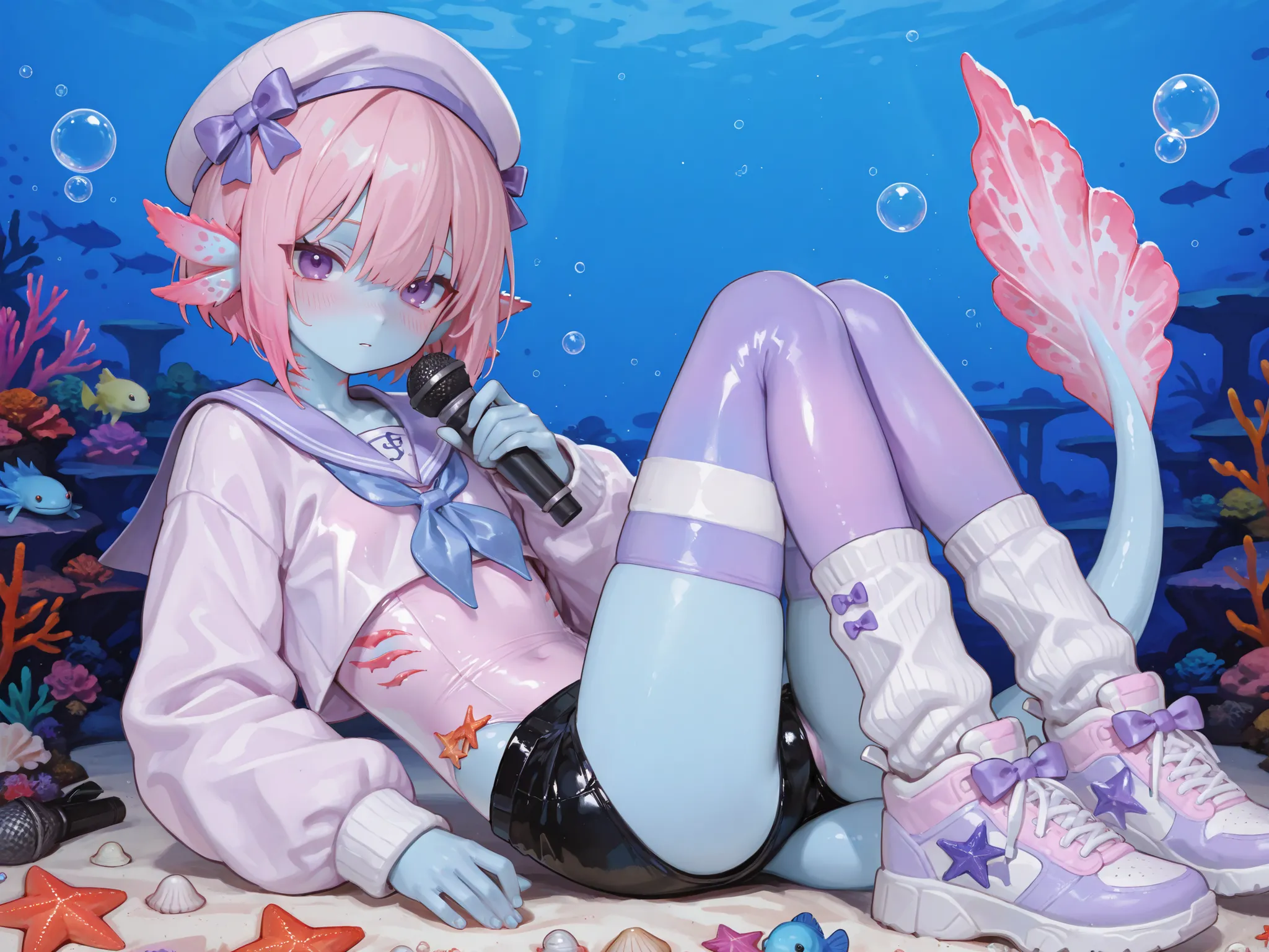 748cmstyle,puririkaaastyle,(male/boy character) The femboy idol. Beastman/furry/anthropomorphic axolotl. He has light pink skin covered with blush. He has a petite, flat-chested androgynous body structure. He has two-tone emerald-purple eyes. He has pink s...