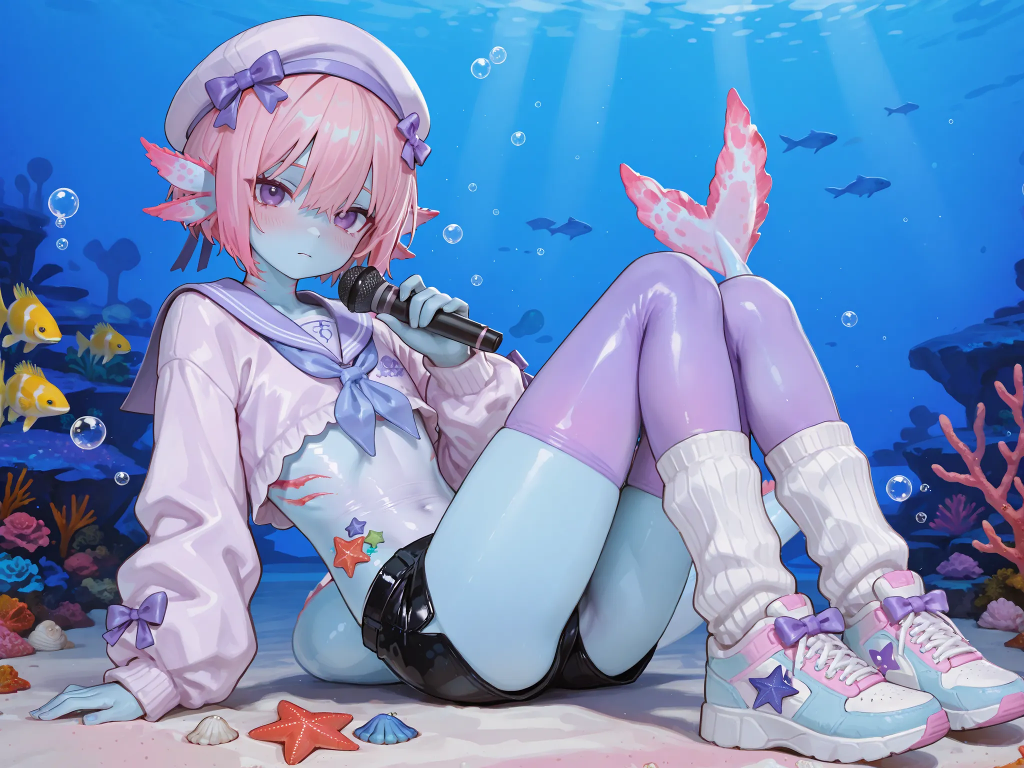 748cmstyle,puririkaaastyle,(male/boy character) The femboy idol. Beastman/furry/anthropomorphic axolotl. He has light pink skin covered with blush. He has a petite, flat-chested androgynous body structure. He has two-tone emerald-purple eyes. He has pink s...