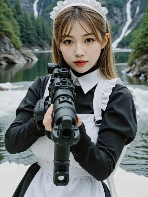 Huge Breast,maid uniform,Perfect hand,Detailed hand,A professional headshot photograph of an Asian woman wearing a traditional black and white maid uniform with white frills and apron. The woman carries multiple weapons: a sniper rifle slung over her right...