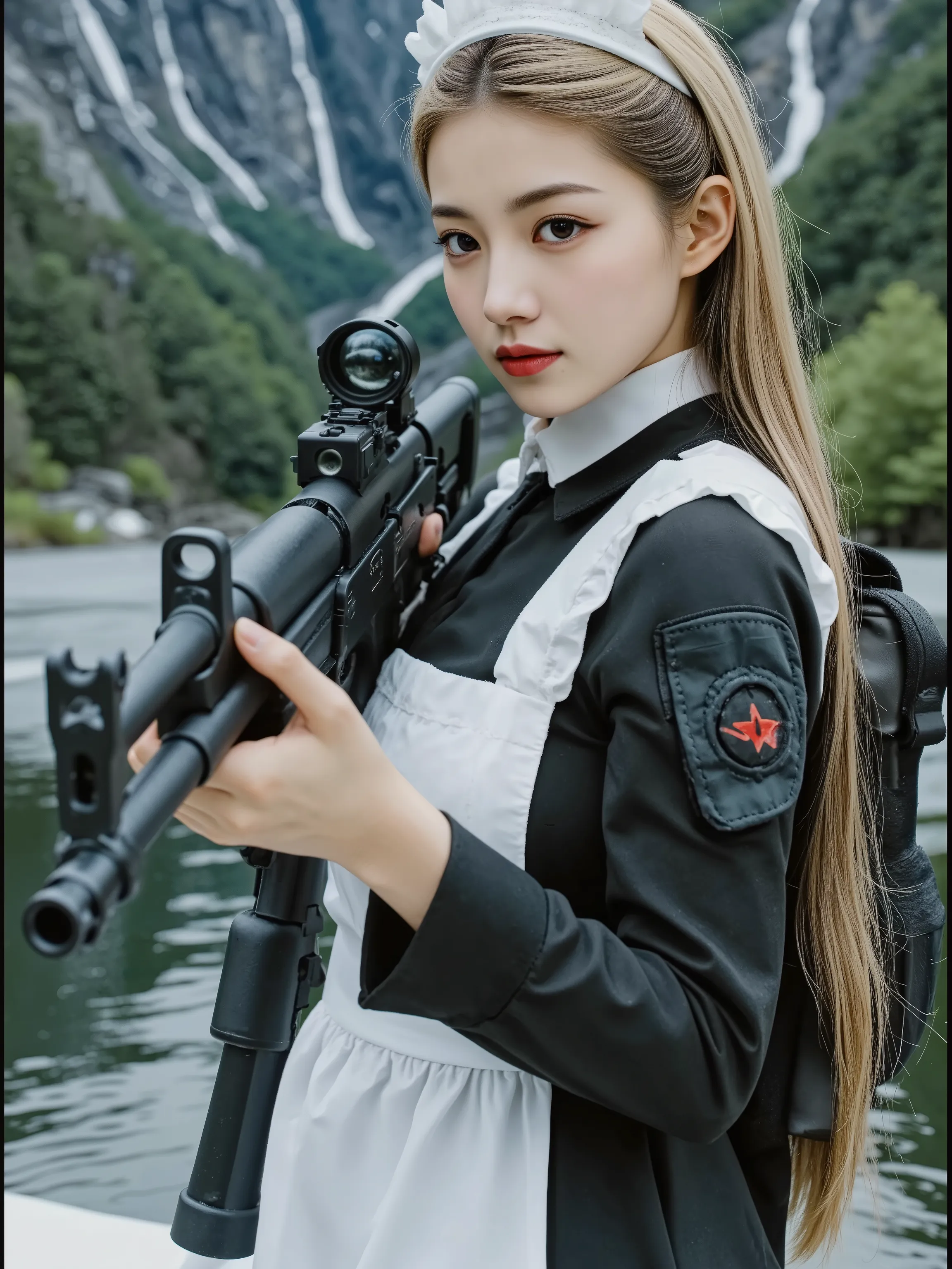 A Japanese maid wearing a traditional black and white maid uniform stands while carrying multiple firearms. The maid carries a sniper rifle slung over her right shoulder, holds a machine gun in her right hand, and grips an assault rifle in her left hand. A...