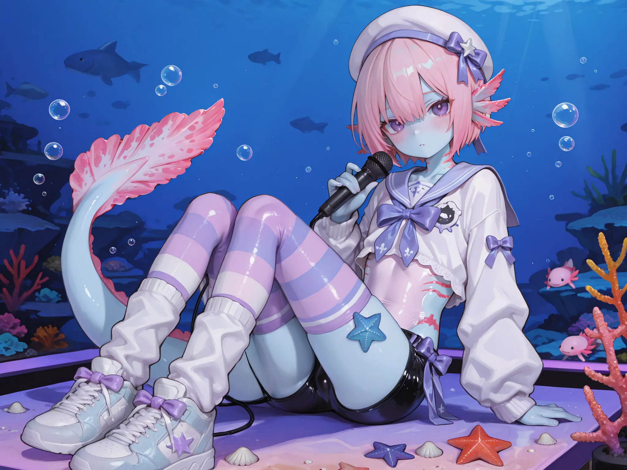 748cmstyle,puririkaaastyle,(male/boy character) The femboy idol. Beastman/furry/anthropomorphic axolotl. He has light pink skin covered with blush. He has a petite, flat-chested androgynous body structure. He has two-tone emerald-purple eyes. He has pink s...