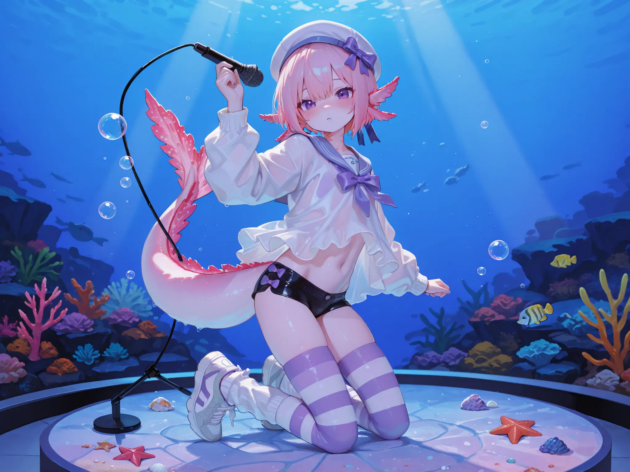 748cmstyle,puririkaaastyle,(male/boy character) The femboy idol. Beastman/furry/anthropomorphic axolotl. He has light pink skin covered with blush. He has a petite, flat-chested androgynous body structure. He has two-tone emerald-purple eyes. He has pink s...